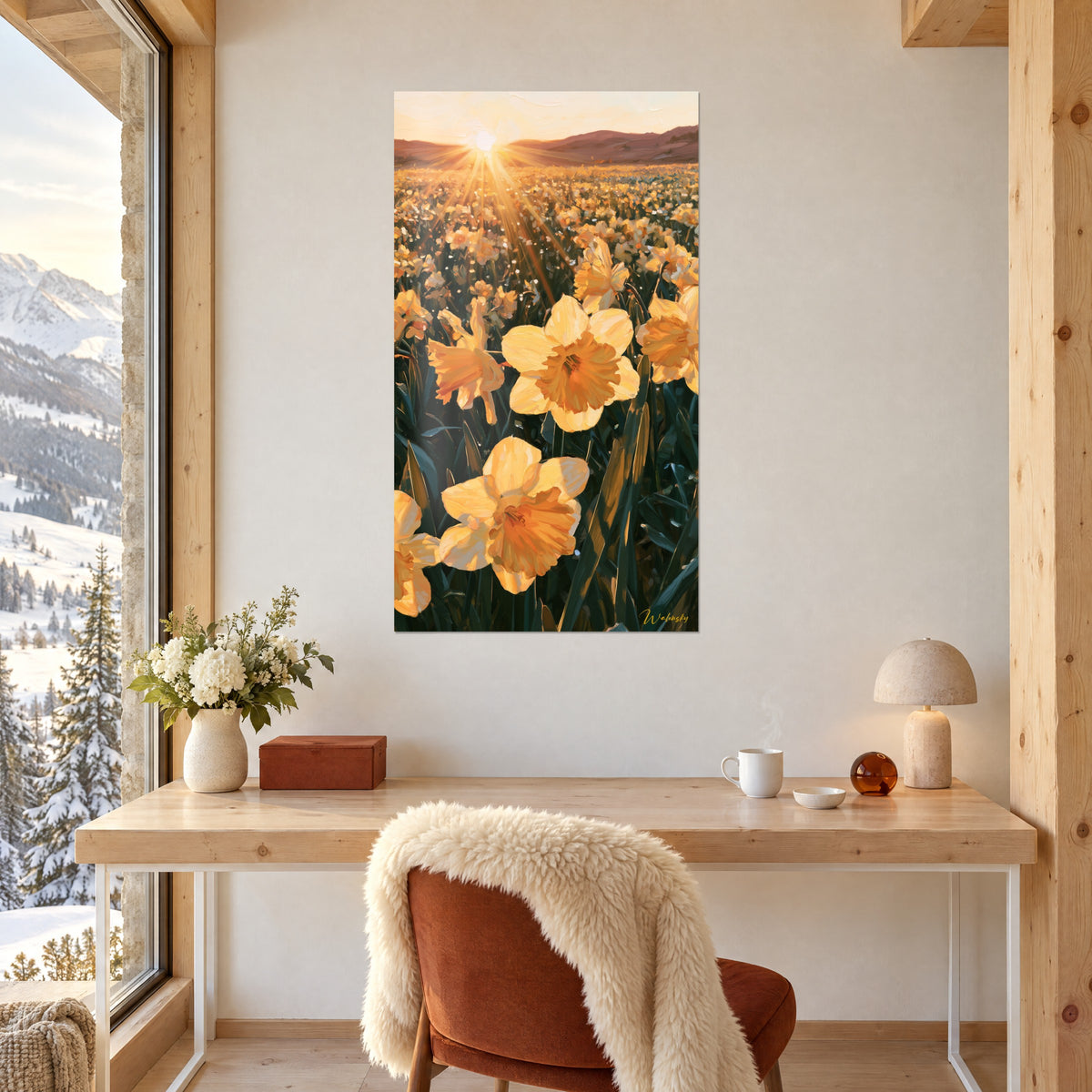 Cuadro narcisos azafrán iluminados a contraluz, follaje verde oscuro, colinas lejanas, sobre un escritorio de madera clara con un ramo blanco