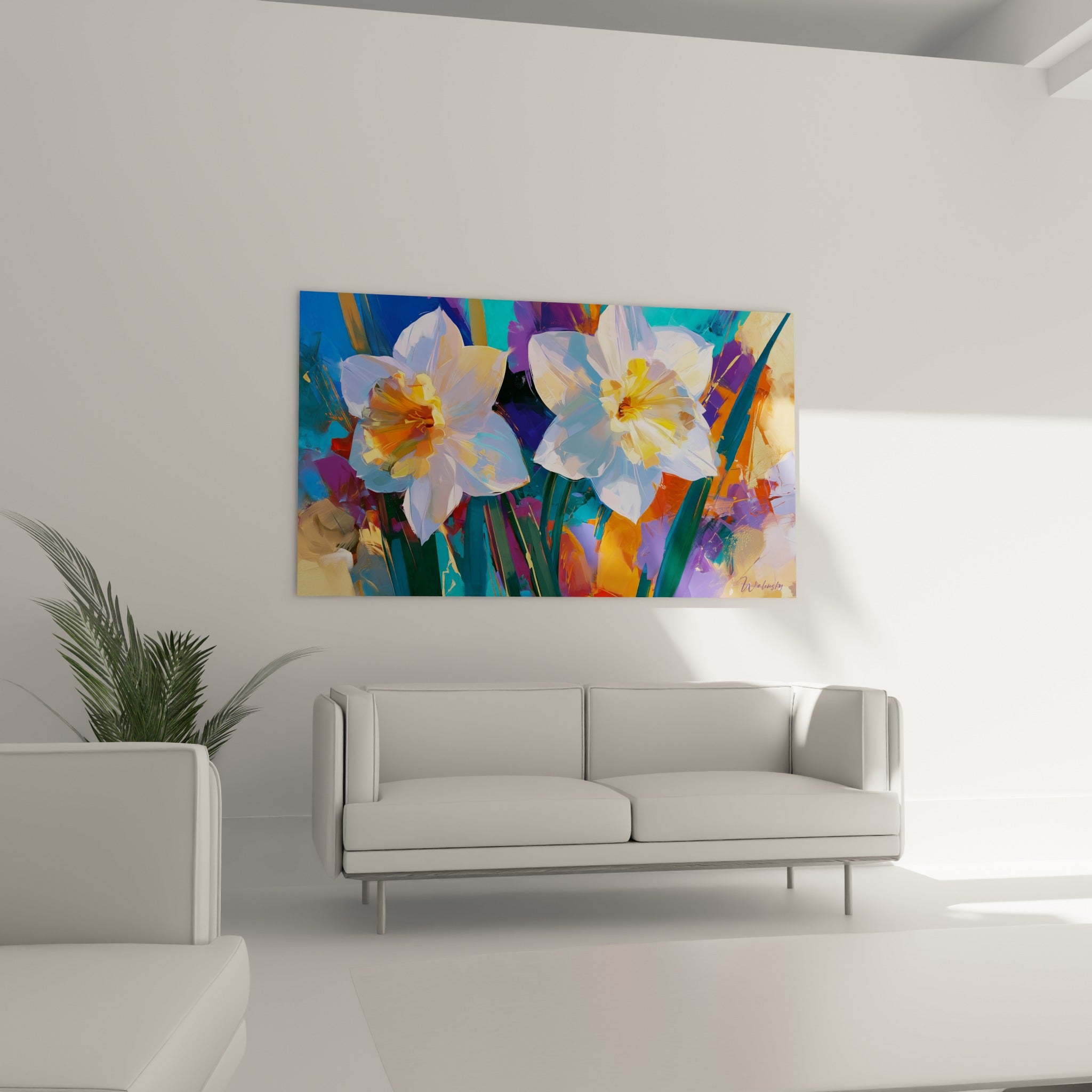 Pétales blancs et cœurs orangés des jonquilles, œuvre colorée au-dessus d'un canapé dans un salon lumineux