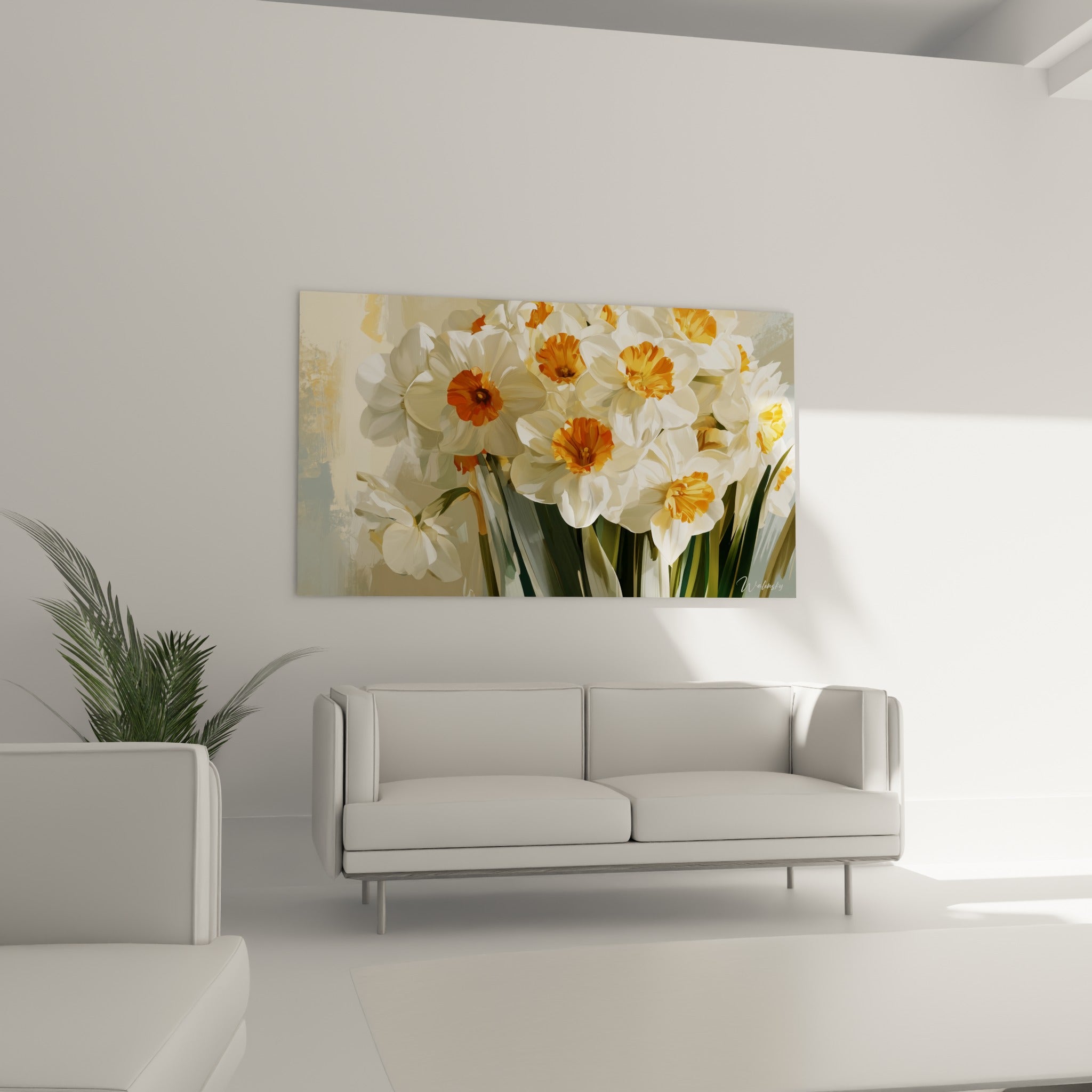 Fleurs de jonquille blanches à cœur orangé disposées au-dessus d'un canapé dans un salon lumineux