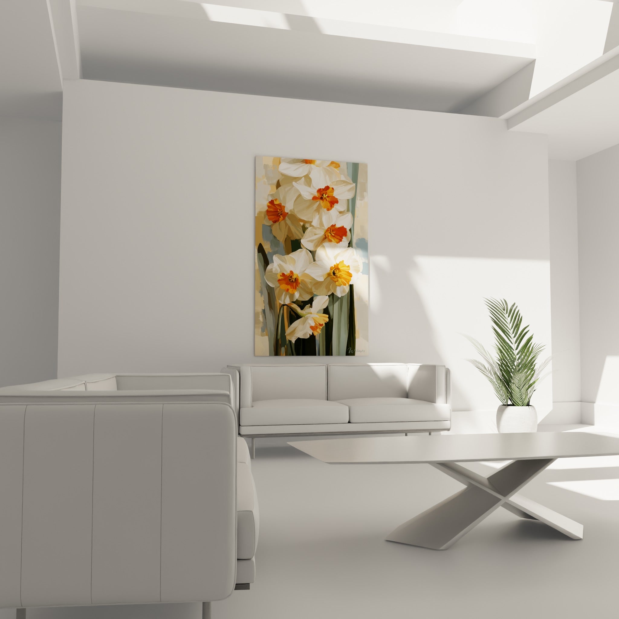 Fleurs de jonquille blanches à cœur orangé au-dessus d'un canapé dans un salon lumineux
