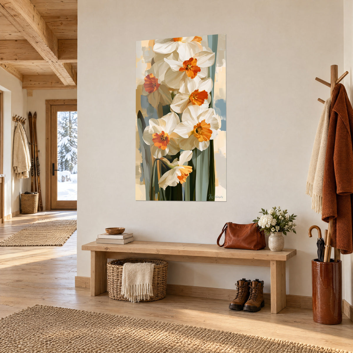 Wall art cream daffodils with tangerine trumpets on a blue-grey background, light wood entrance of a mountain chalet