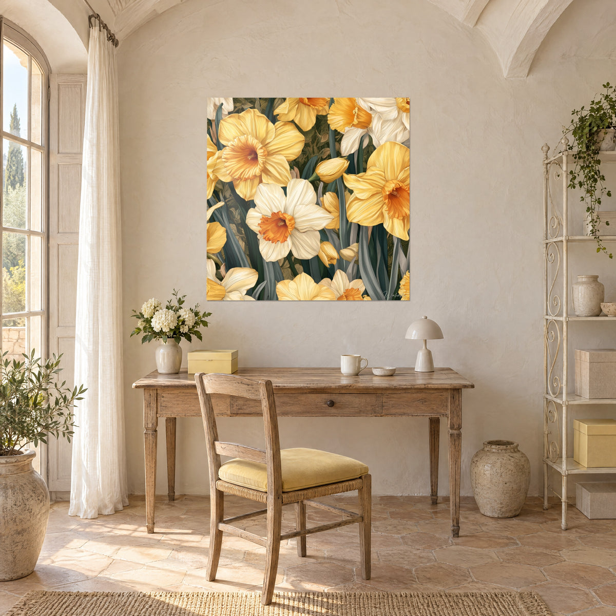 Schilderij lentegloren in felgele narcissen en parelmoerwit, leisteengroene stengels, boven een bureau van licht hout