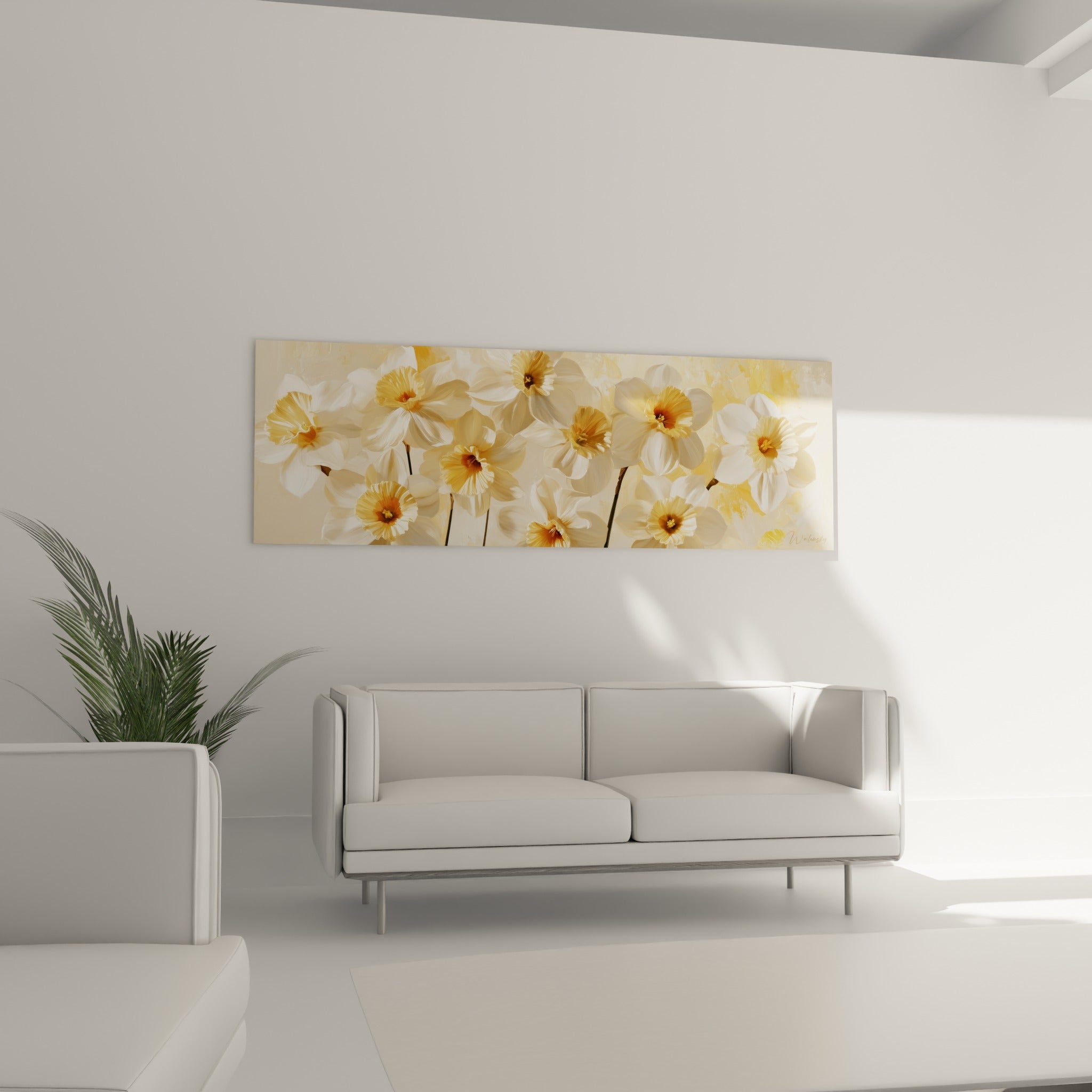 Fleurs de jonquille ivoire et orangées surplombant un canapé dans un salon lumineux