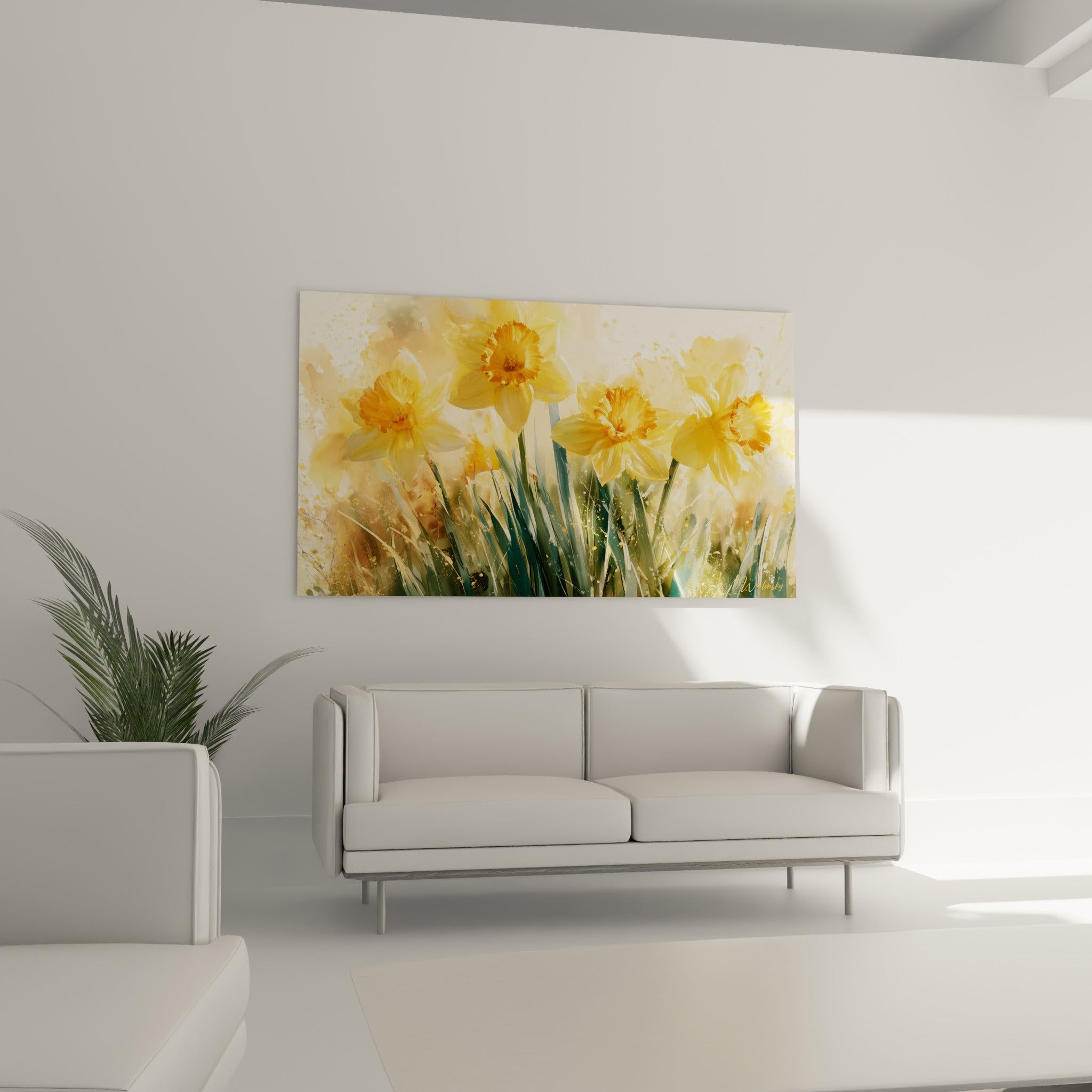 Fleurs de jonquille jaune vif et cœurs orangés placées au-dessus d'un canapé dans un salon lumineux