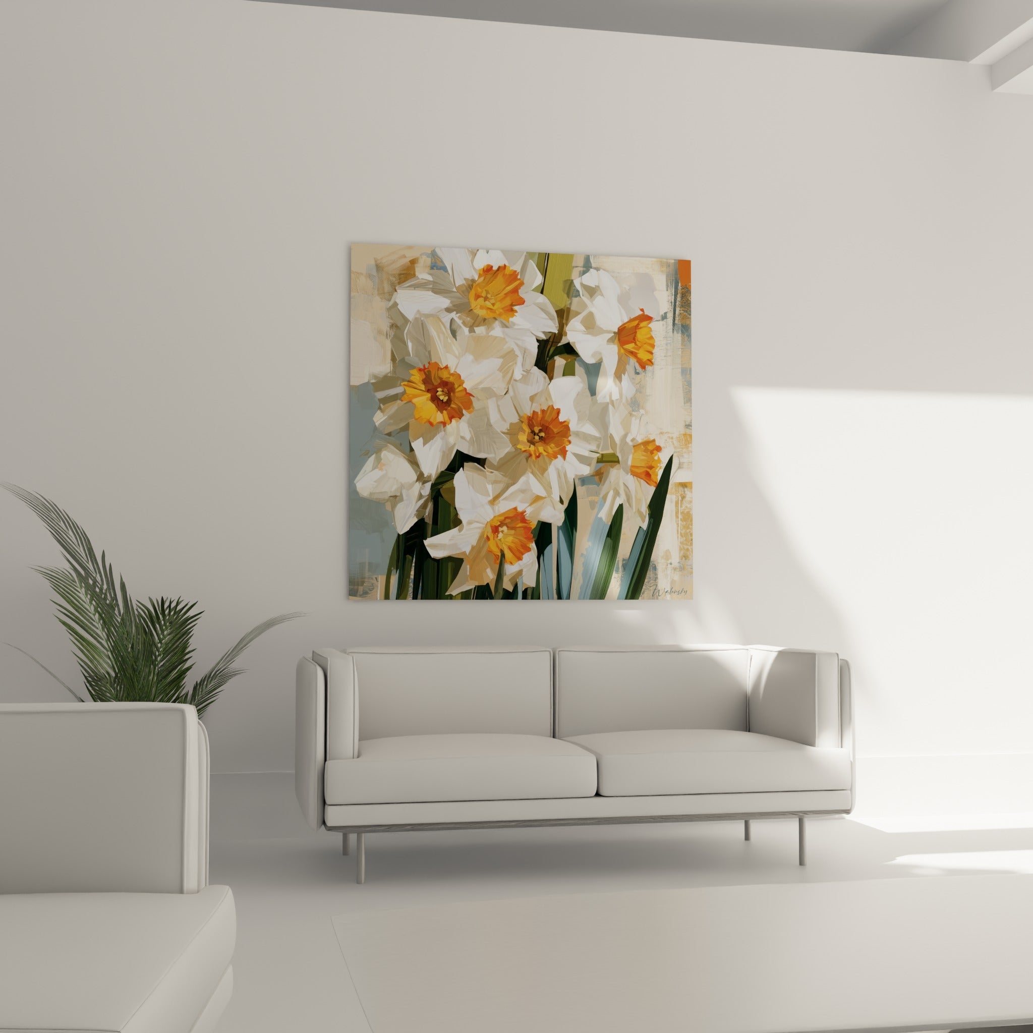 Fleurs de jonquille blanches à cœur orange accrochées au-dessus d'un canapé dans un salon lumineux
