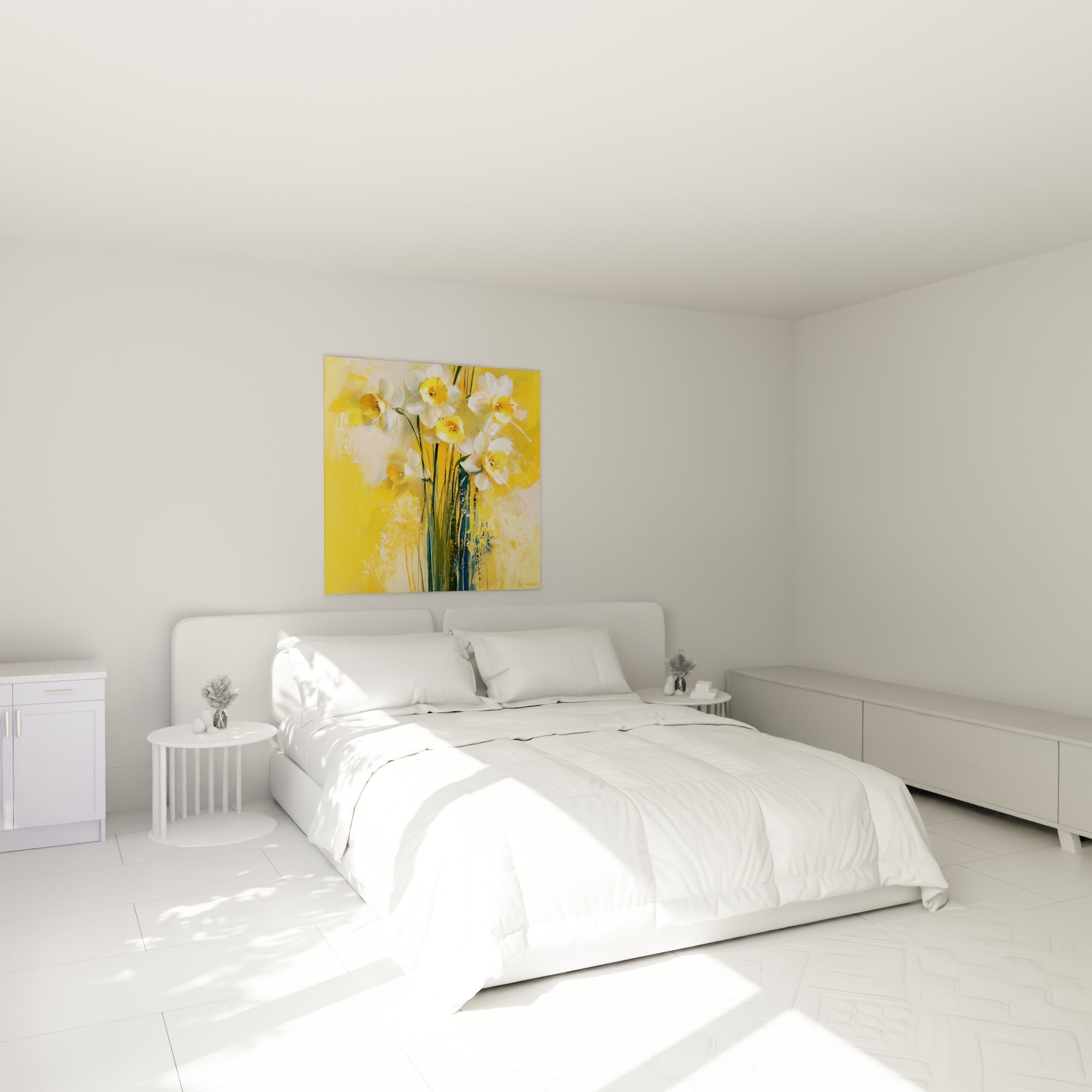 Bouquet de jonquilles blanches et jaunes accroché au-dessus d'un lit dans une chambre claire