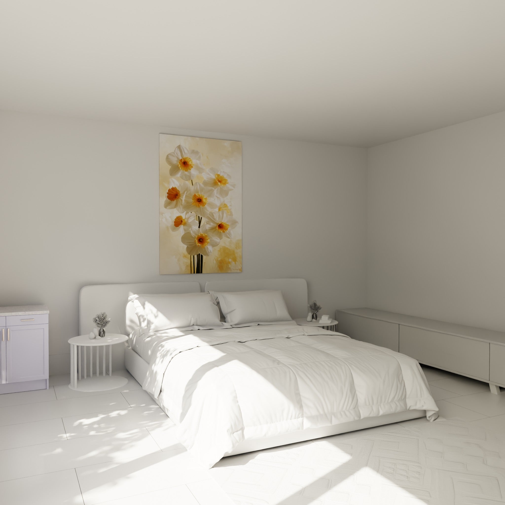 Bouquet de jonquilles blanches et orangées accroché au-dessus d'un lit dans une chambre claire