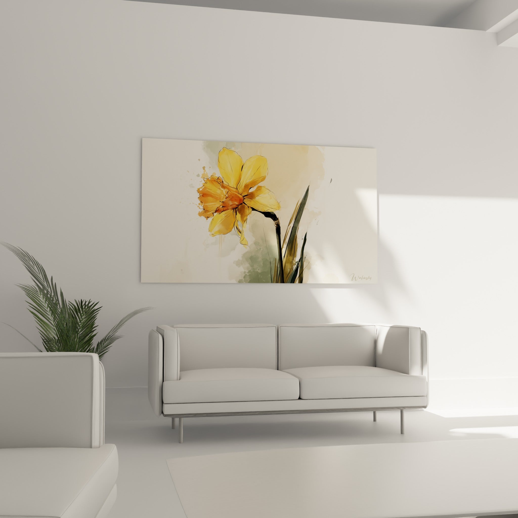 Pétales de jonquille orangée et jaune doré au-dessus d'un canapé dans un salon lumineux