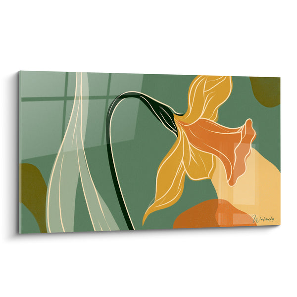 Tableau Jonquille orangée sur fond vert sauge - Douceur botanique - Edition Jonquille