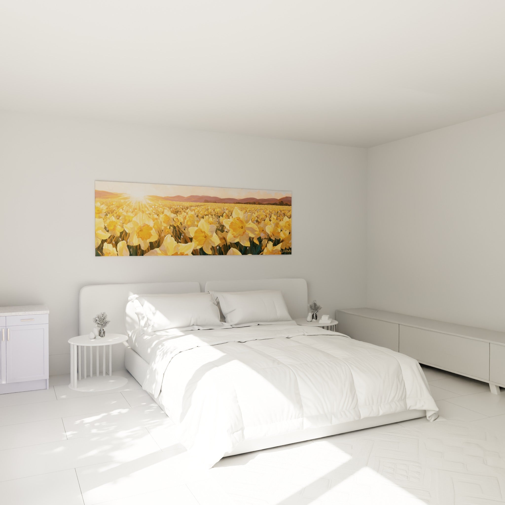 Jonquilles dorées et orangées peintes en panorama, accrochées au-dessus d'un lit dans une chambre claire