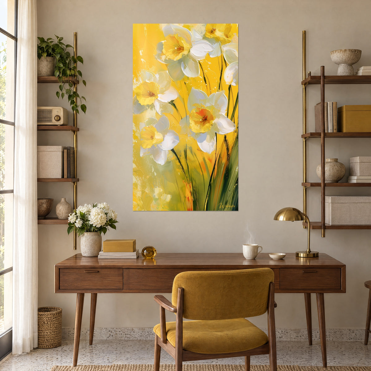 Cuadro ramo de narcisos salpicado de pintura clara, amarillo sol y blanco, encima de un escritorio de madera y una silla color mostaza