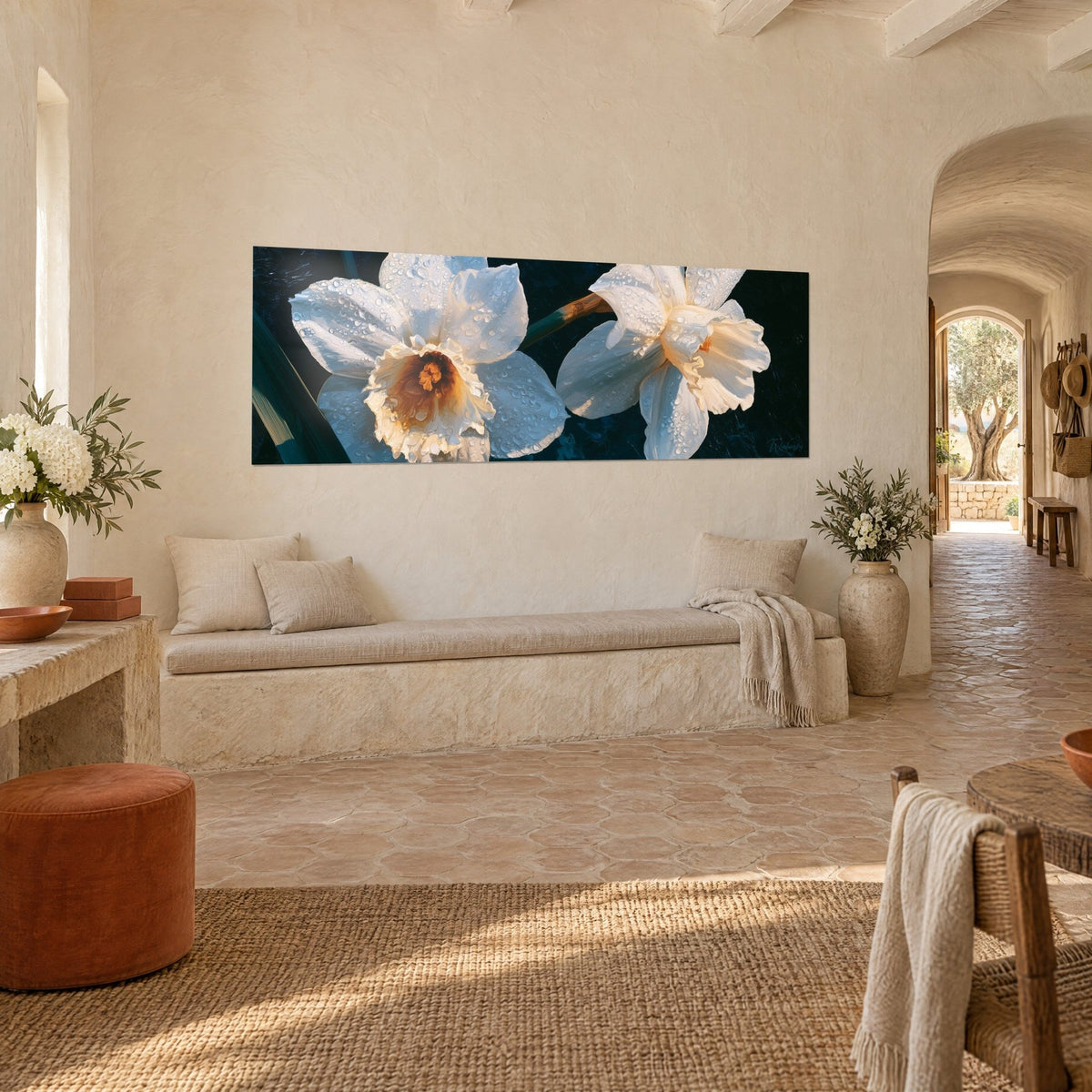 Wall art cream daffodils with crystalline droplets, dark green stems on a black background, three-quarter view in a country farmhouse