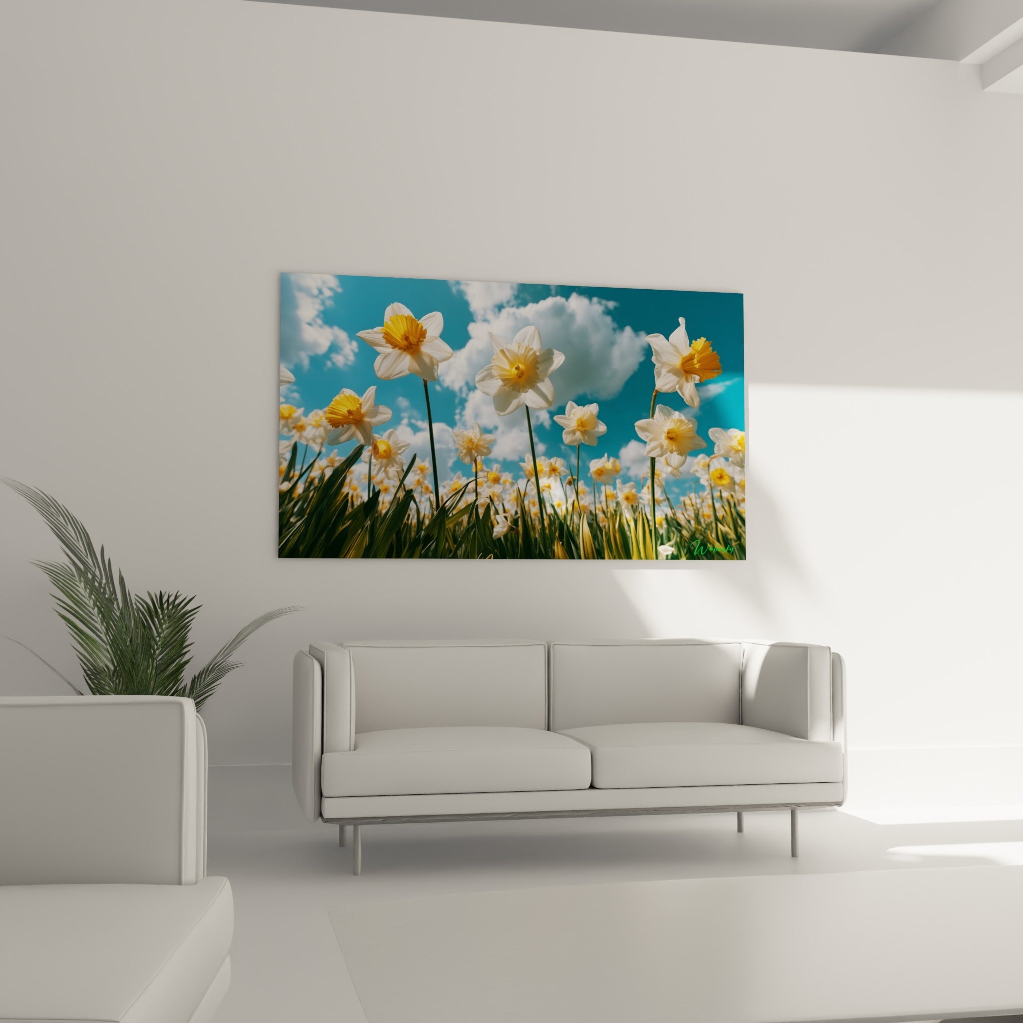 Pétales de jonquille blancs et ciel azur intense au-dessus d'un canapé dans un salon lumineux
