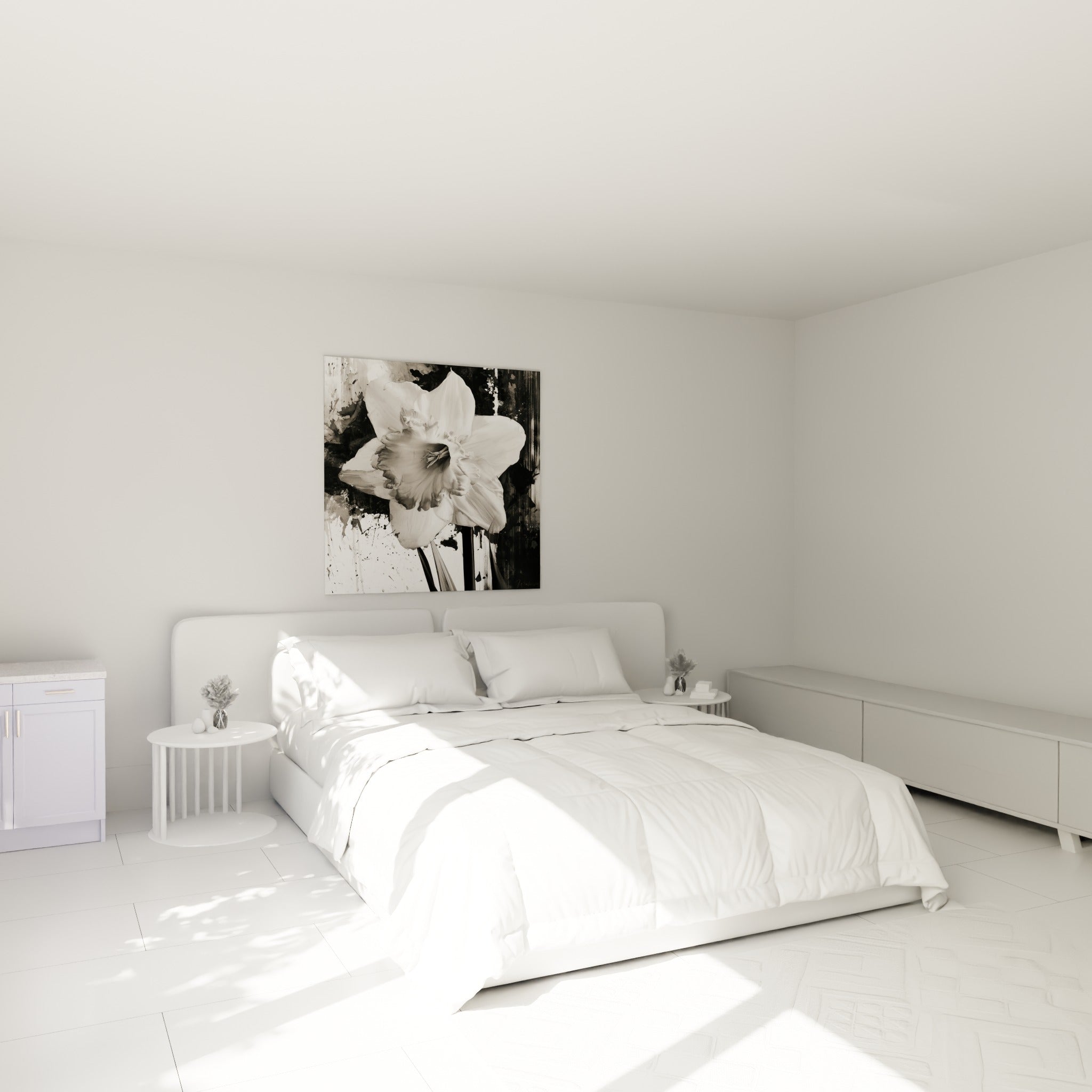 Pétales blancs de jonquille contrastant avec un fond noir tourmenté au-dessus d'un lit dans une chambre claire