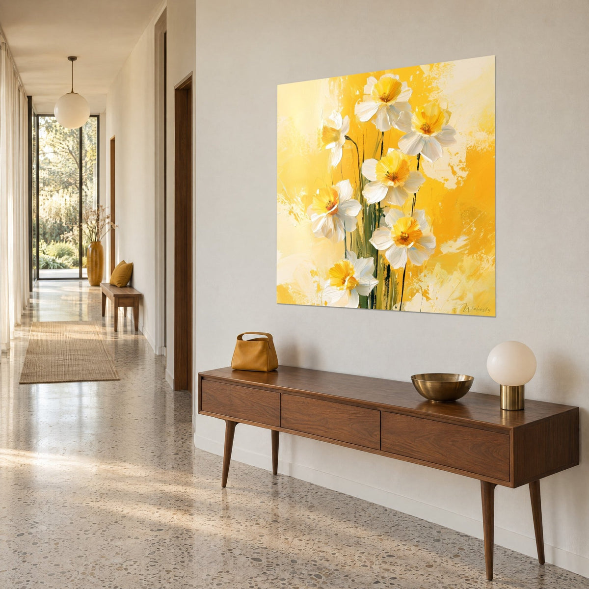 Wall art bouquet of daffodils with ivory petals and golden trumpets, palette knife touches, hung in a bright hallway
