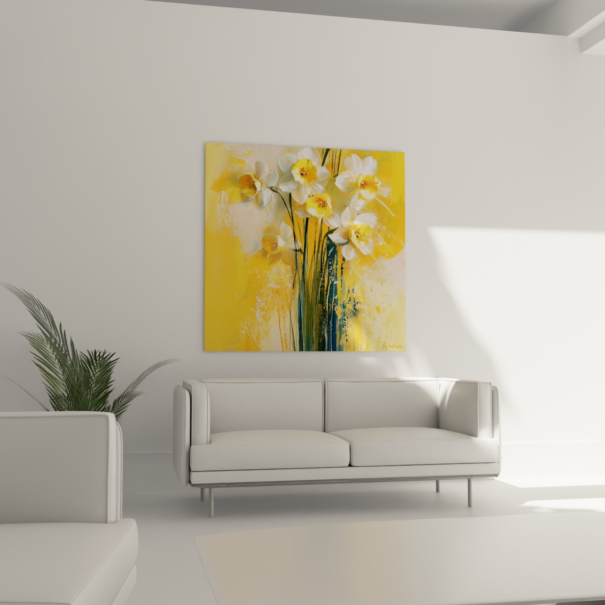 Fleurs de jonquille aux pétales blancs et centres orangés au-dessus d'un canapé dans un salon lumineux