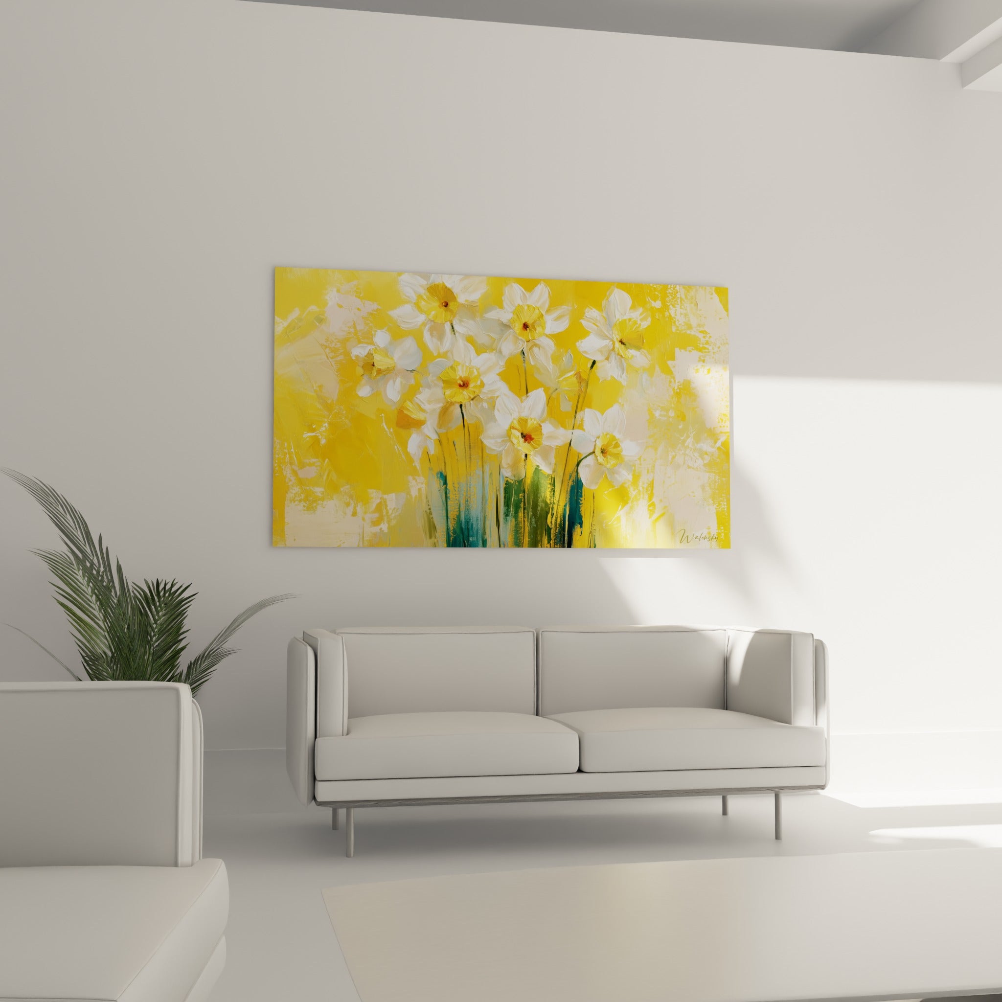 Fleurs de jonquille jaune et blanche aux tiges vertes au-dessus d'un canapé dans un salon lumineux
