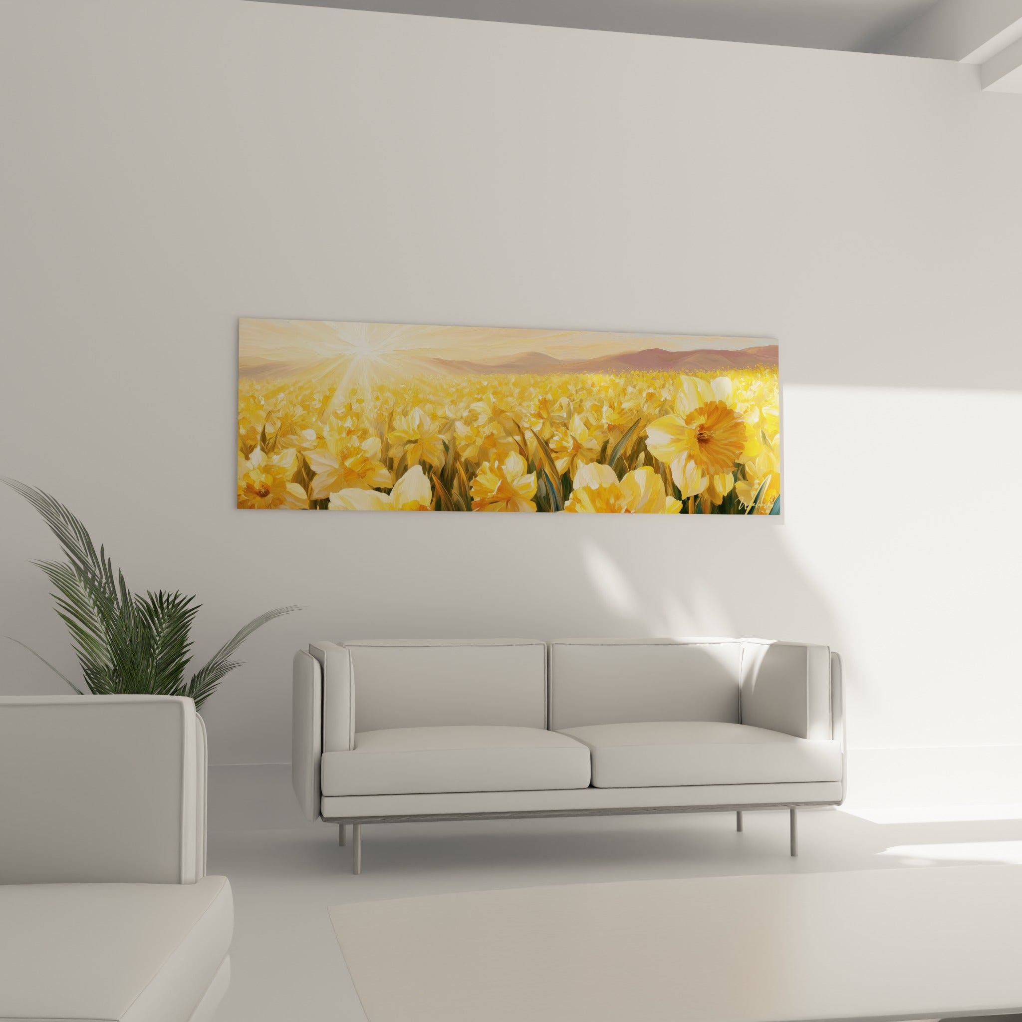 Fleurs de jonquille dorées et pétales bleu pastel en arrière-plan, au-dessus d'un canapé dans un salon lumineux