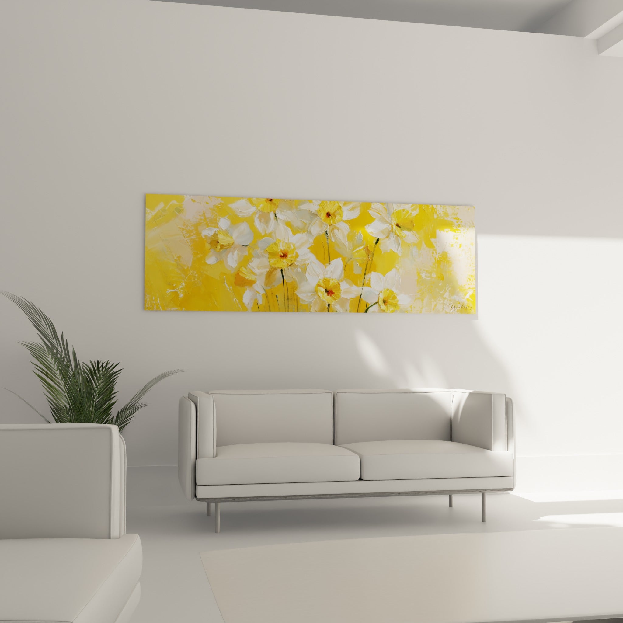 Fleurs de jonquille ocre et crème en pleine floraison, au-dessus d'un canapé dans un salon lumineux