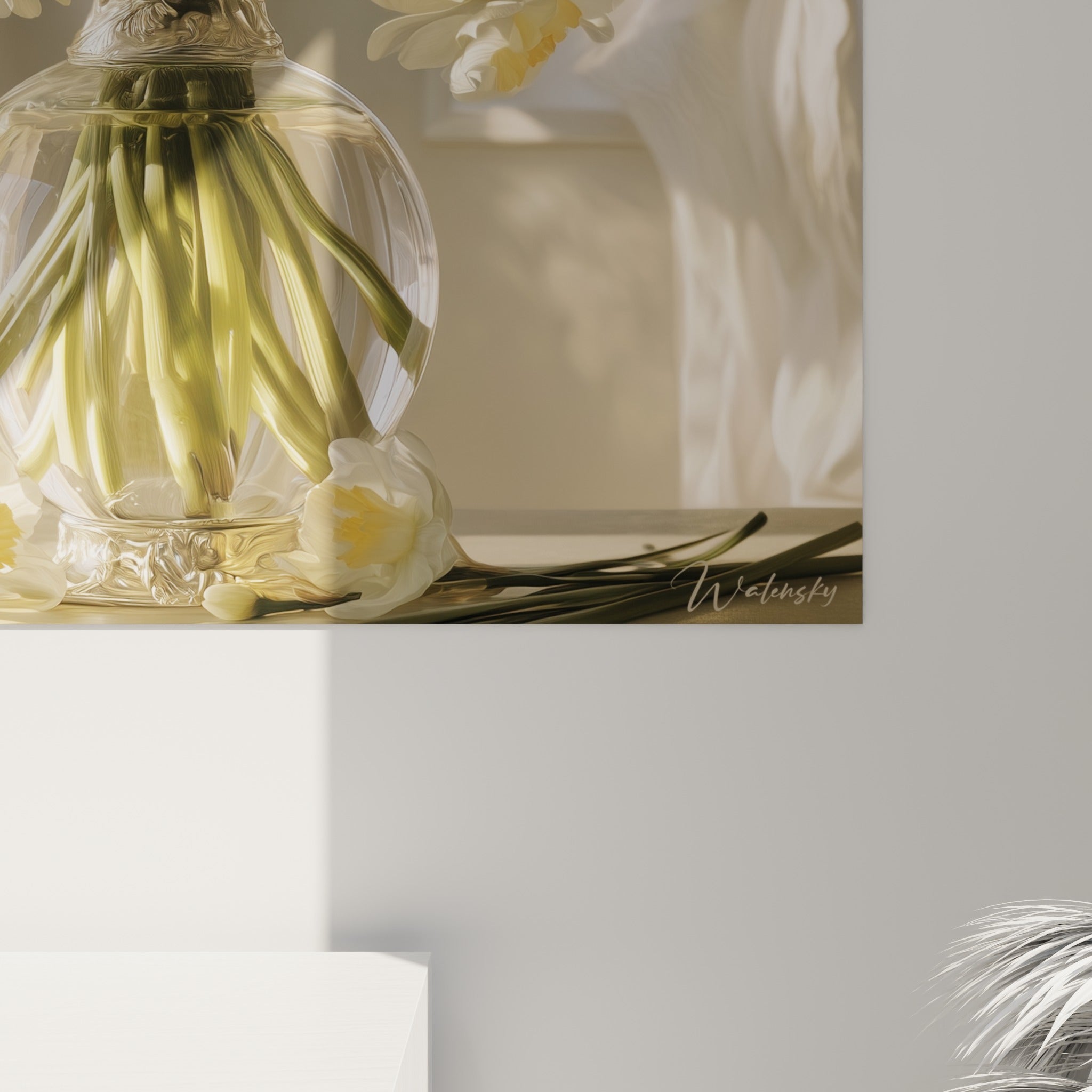 Détail des pétales blancs veloutés et cœurs orangés des jonquilles, grain fin et lumière dorée filtrée