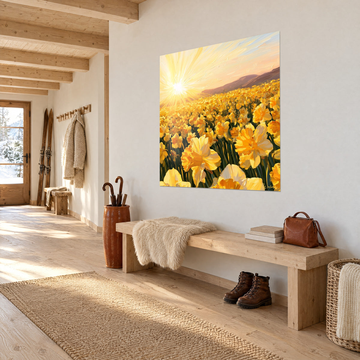 Schilderij gouden narcissen en saffraanocker tegen paarse heuvels, verblindende zon, drie kwart zicht in een chalet