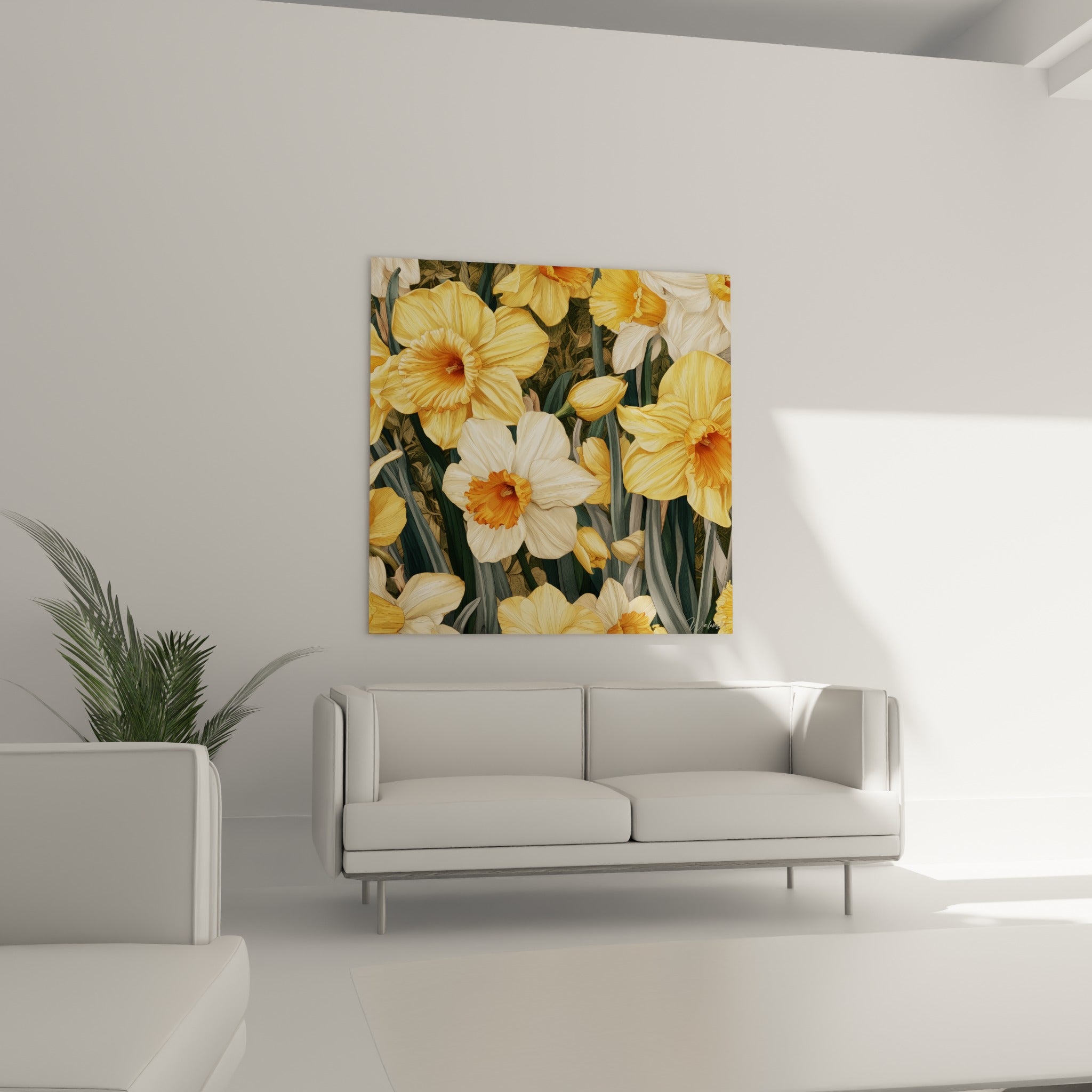 Fleurs de jonquilles jaune doré et orangées au-dessus d'un canapé dans un salon lumineux