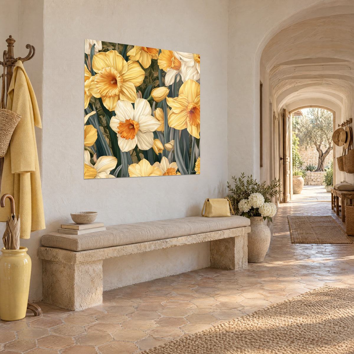 Schilderij lentenarcissen met saffraankleurige en ivoorkleurige kroontjes, grijsgroen gebladerte, stenen bankje, Provençaals landhuis op de achtergrond