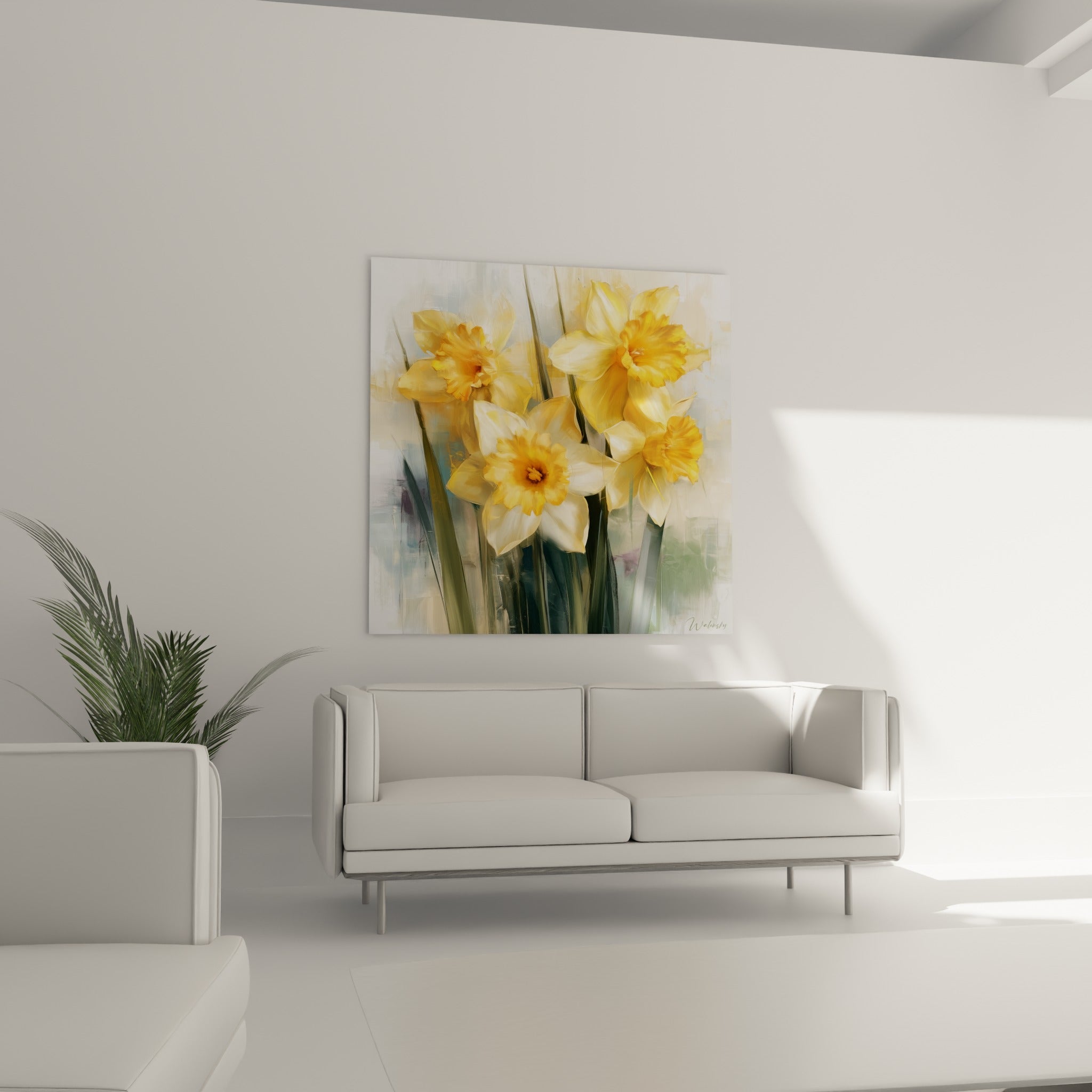 Fleurs de jonquille orangées et blanches disposées au-dessus d'un canapé dans un salon lumineux