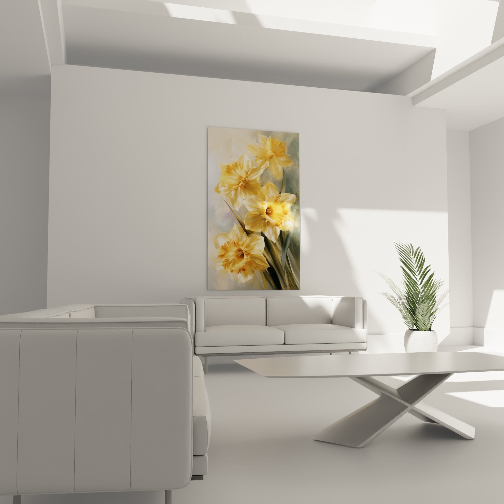 Fleurs de jonquille crème et orangées disposées au-dessus d'un canapé dans un salon lumineux