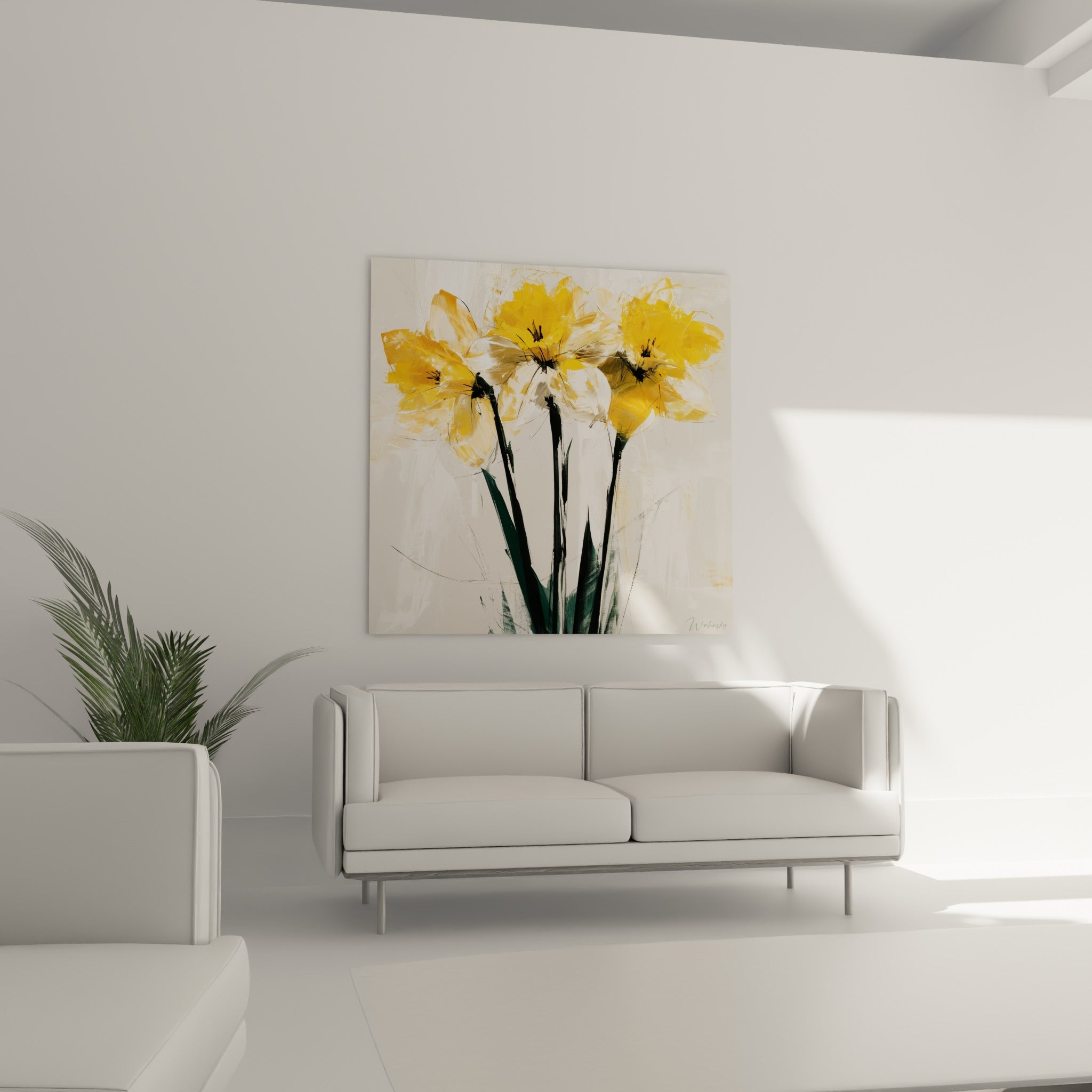 Bouquet de jonquilles ocre et blanc cassé accroché au-dessus d'un canapé dans un salon lumineux