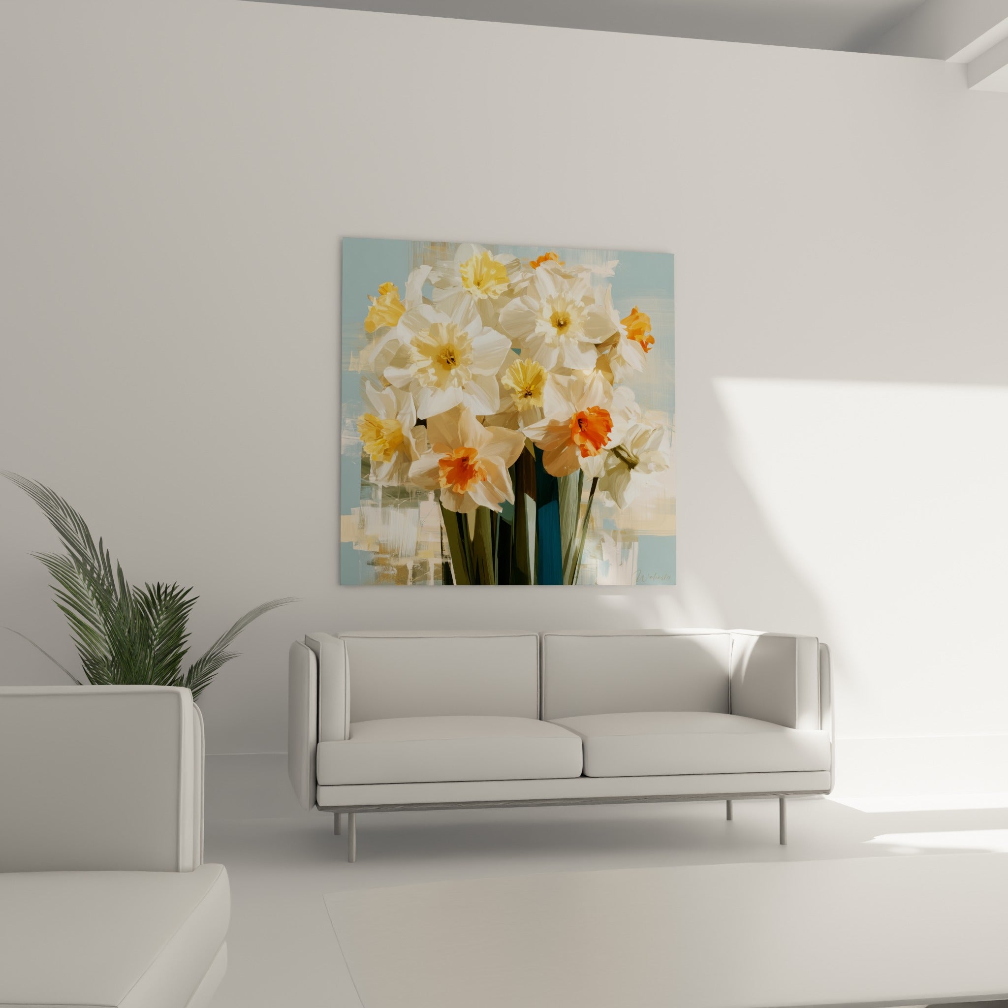 Fleurs de jonquille crème et orangées disposées au-dessus d'un canapé dans un salon lumineux