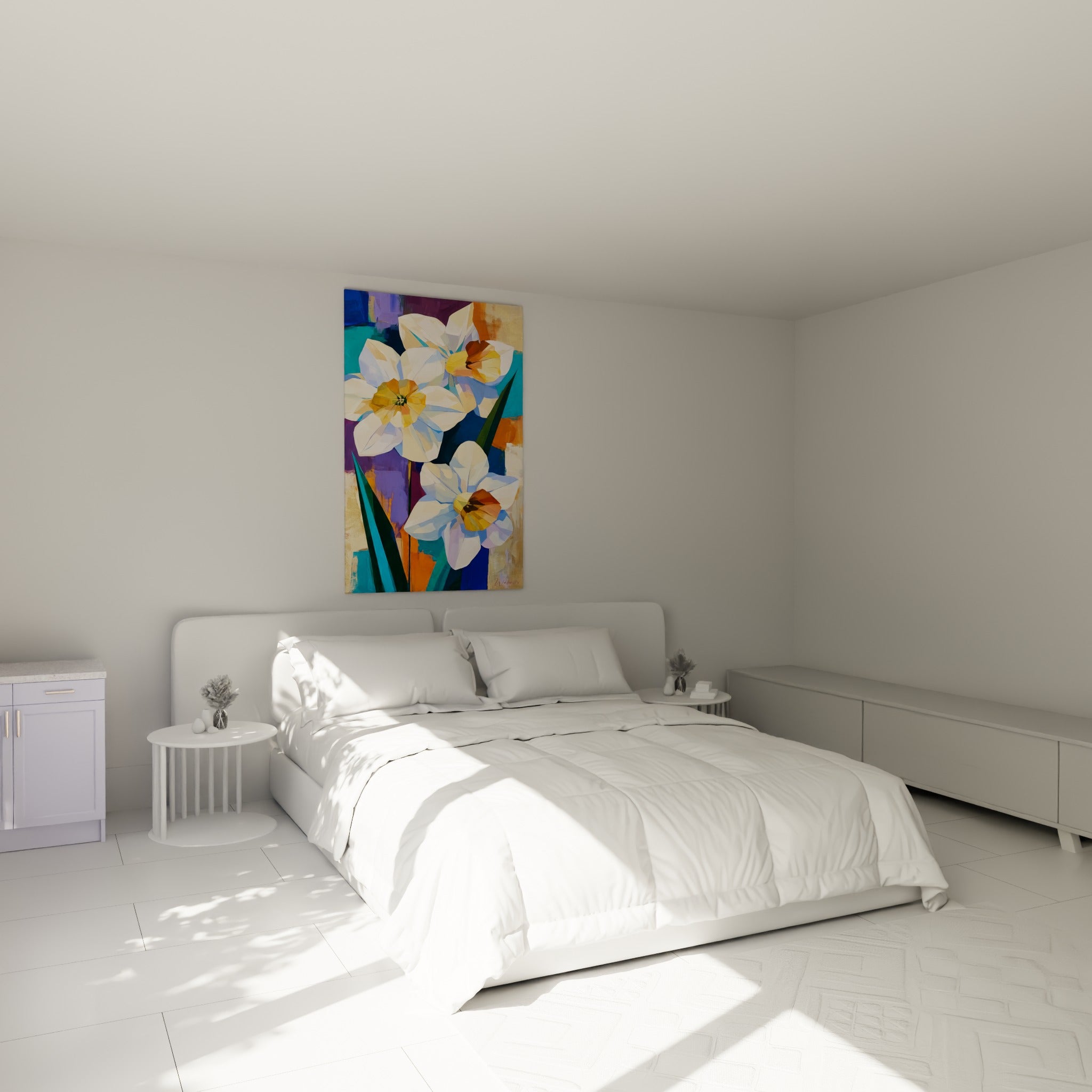 Trois jonquilles blanches et cœurs dorés au-dessus d'un lit dans une chambre claire et épurée