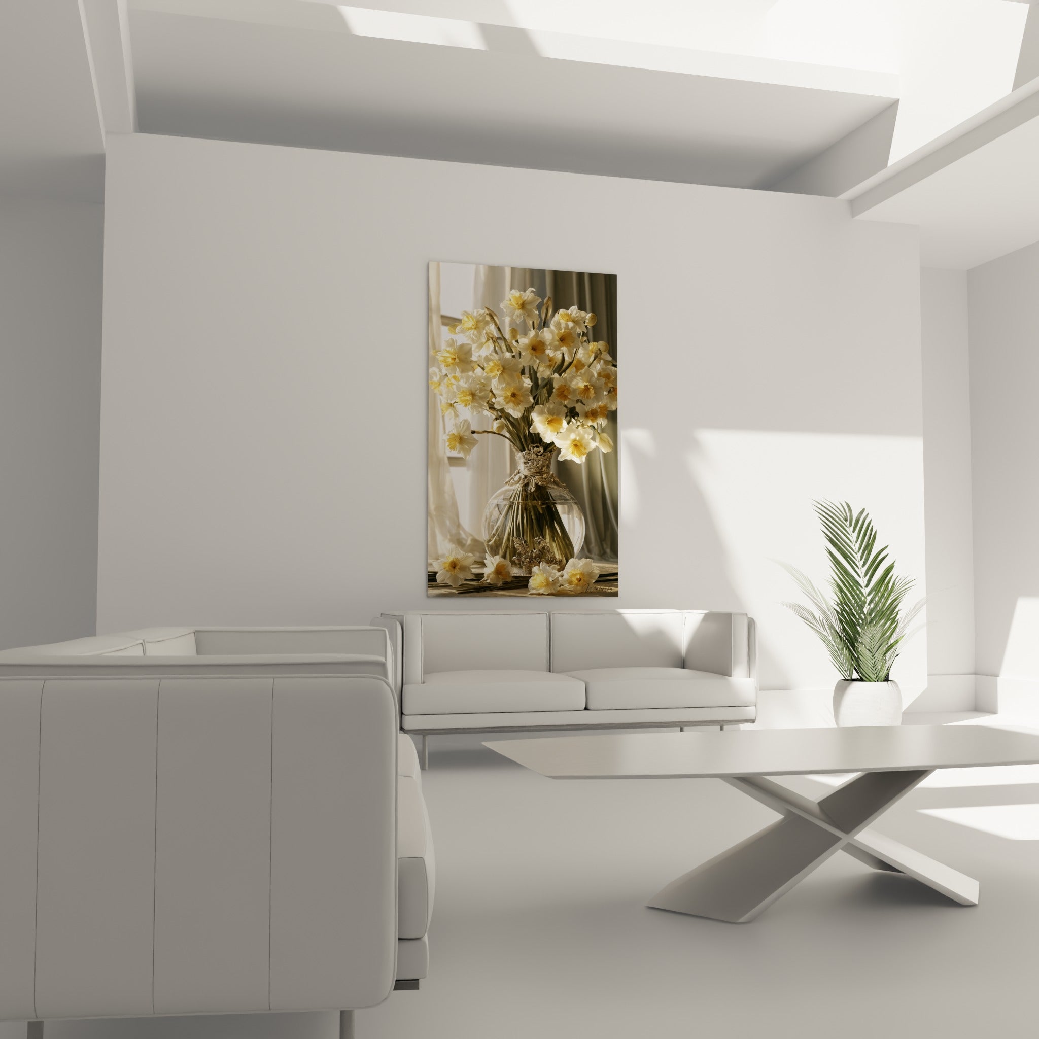 Fleurs de jonquille blanches aux cœurs dorés, au-dessus d'un canapé dans un salon lumineux