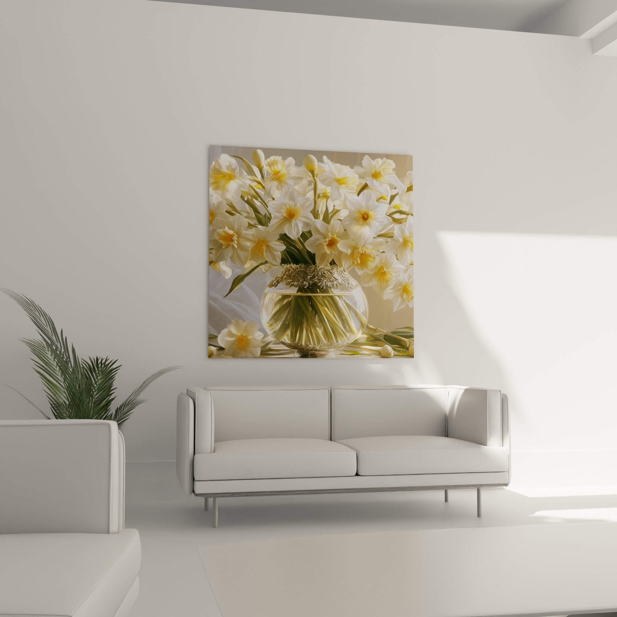 Jonquilles blanc crème aux cœurs dorés déployées au-dessus d'un canapé dans un salon lumineux