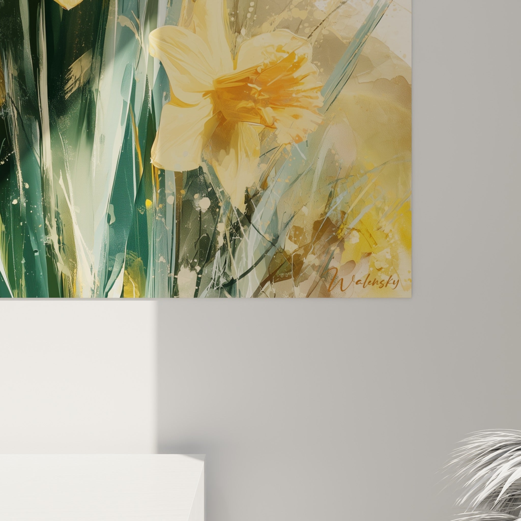 Grain de l'aquarelle visible sur les pétales jaunes et le cœur orangé des jonquilles peintes