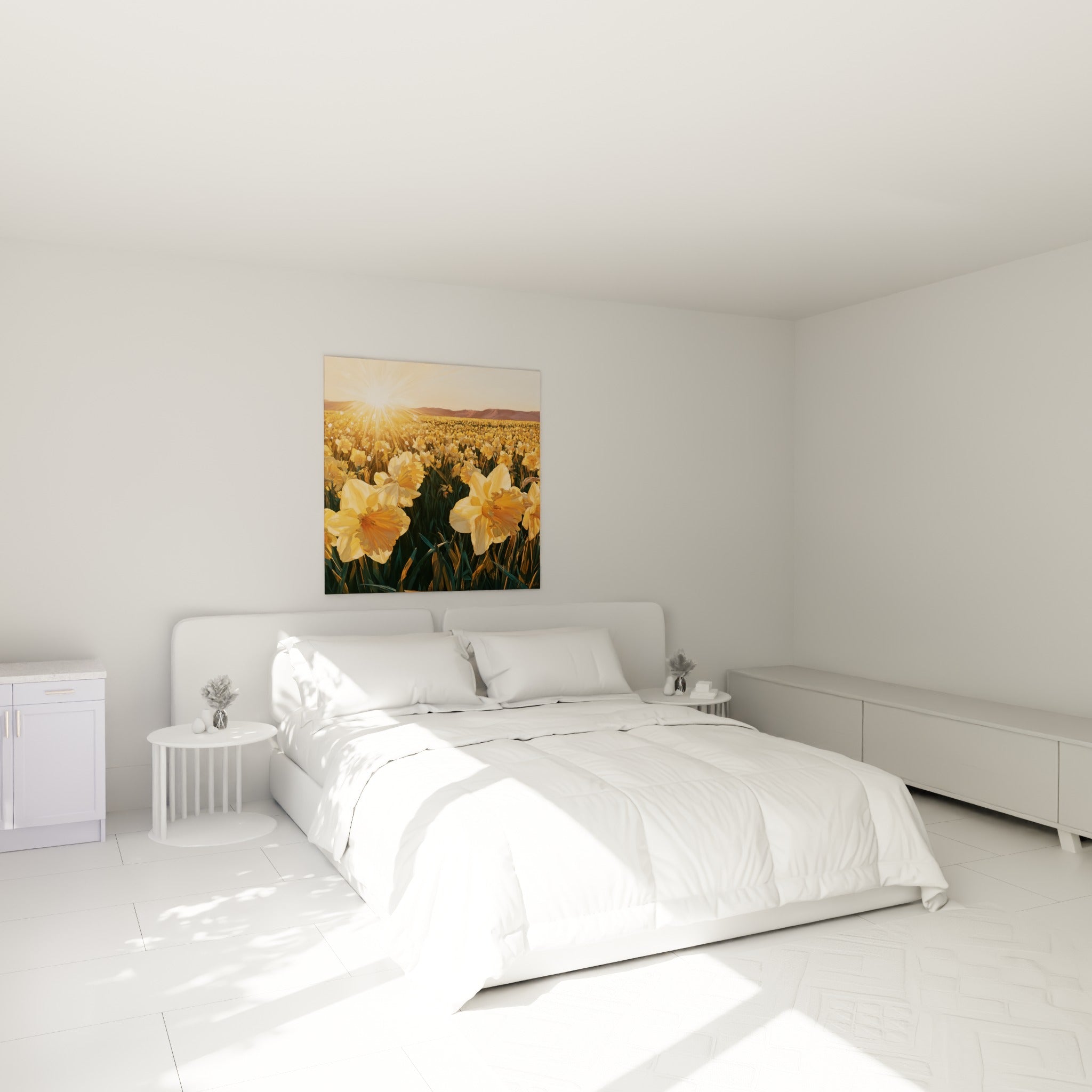 Fleurs de jonquille orangées et dorées accrochées au-dessus d'un lit dans une chambre claire
