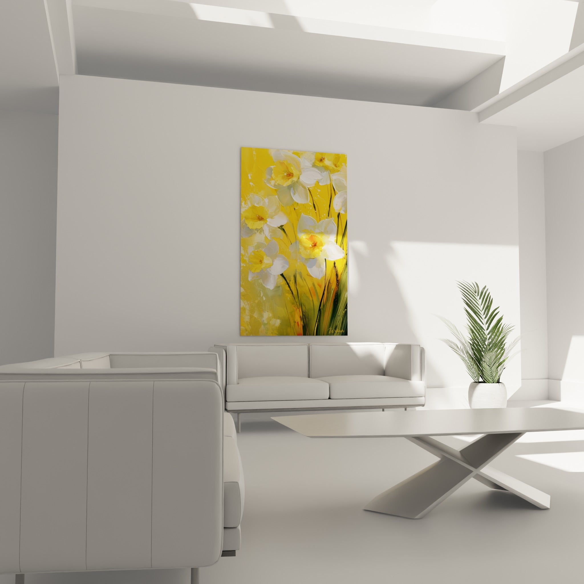 Fleurs de jonquilles jaune orangé et blanches accrochées au-dessus d'un canapé dans un salon lumineux
