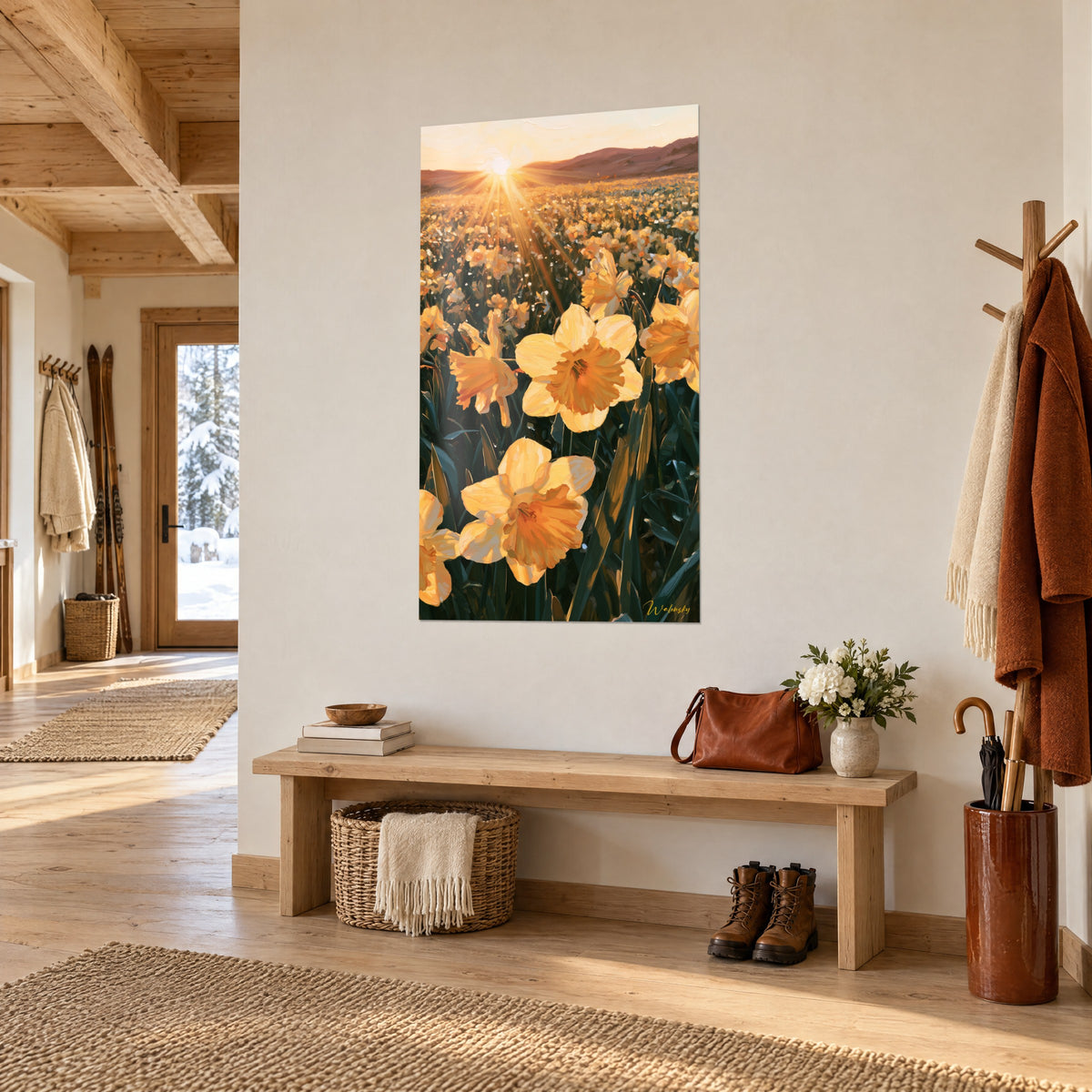 Quadro prato di narcisi dorati e fogliame verde scuro, sole basso a forma di stella, colline malva, in un corridoio di chalet in legno caldo