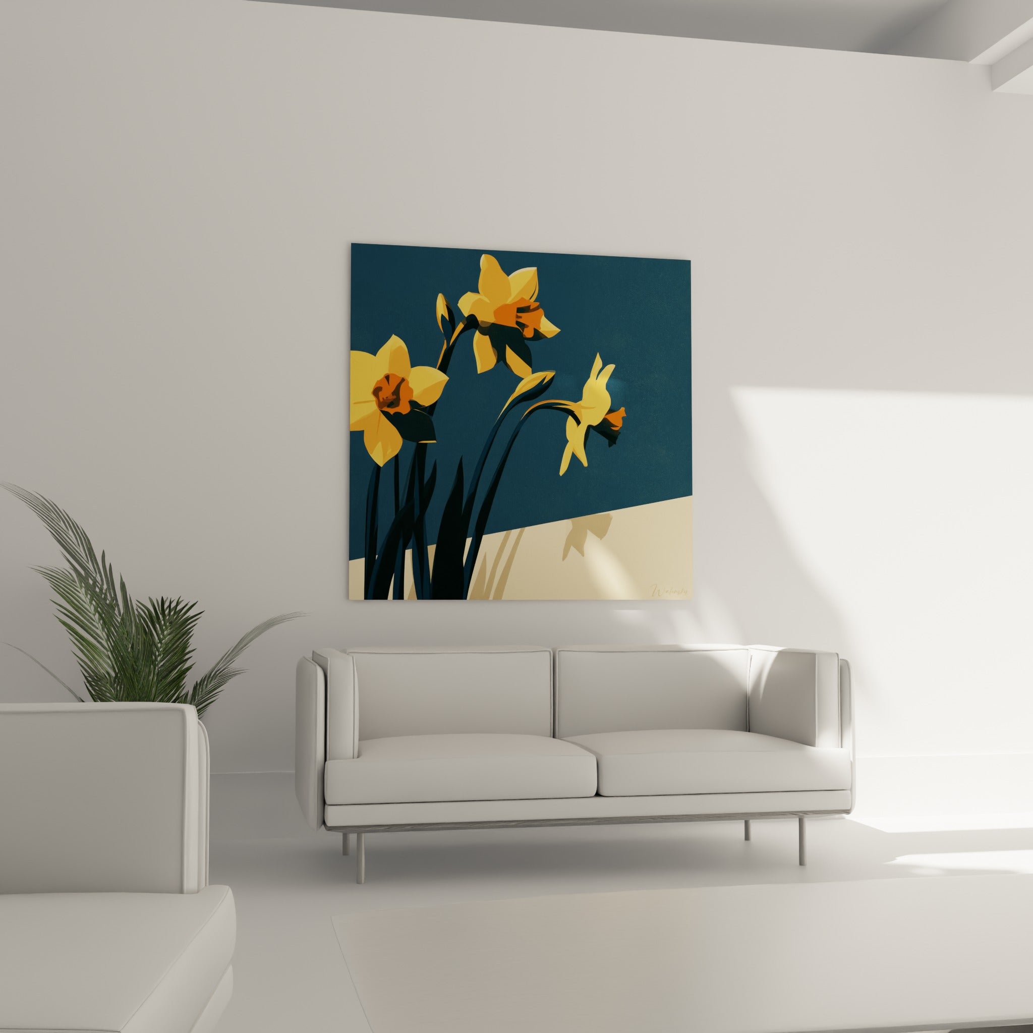 Pétales jaune vif et tiges sombres des jonquilles ornent un salon lumineux au-dessus d'un canapé