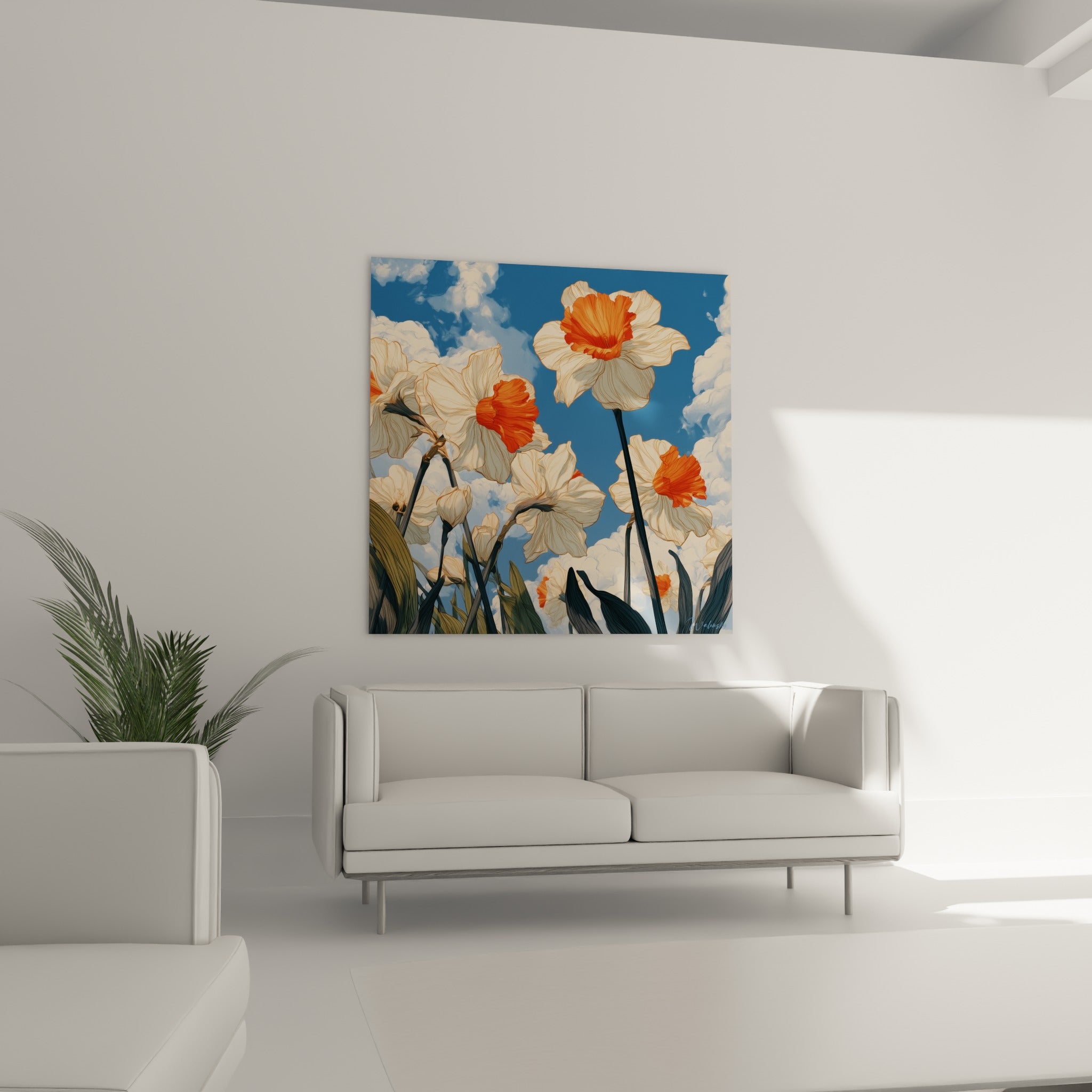Pétales de jonquille blancs veinés d'orange se déployant vers un ciel nuageux, au-dessus d'un canapé dans un salon lumineux