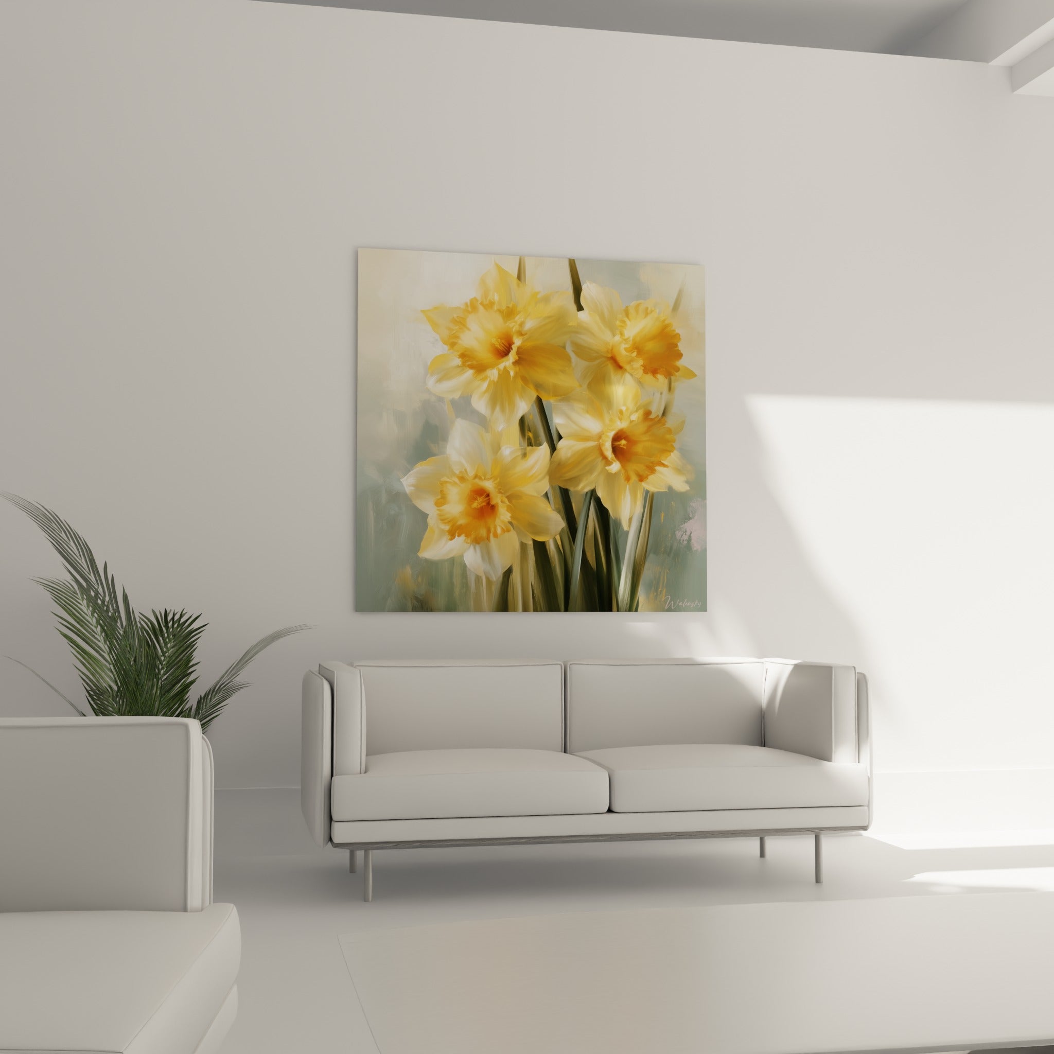 Fleurs de jonquille jaune pâle et cœurs orangés au-dessus d'un canapé dans un salon lumineux