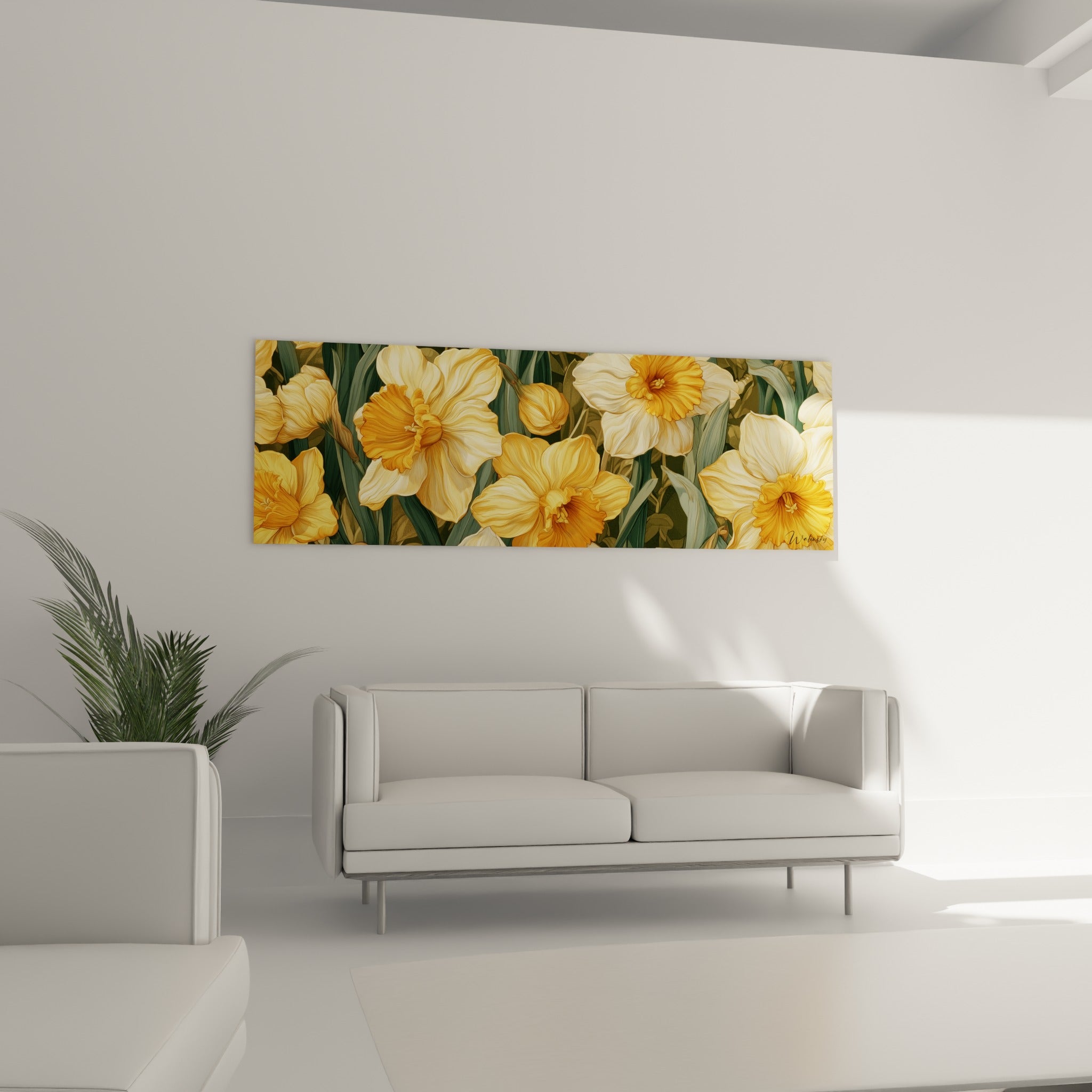 Fleurs de jonquilles jaune safran et vert kaki disposées au-dessus d'un canapé dans un salon lumineux