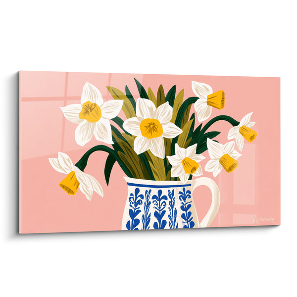 Tableau Pichet blanc et bleu sur fond rose poudré - Motifs végétaux peints - Edition Jonquille