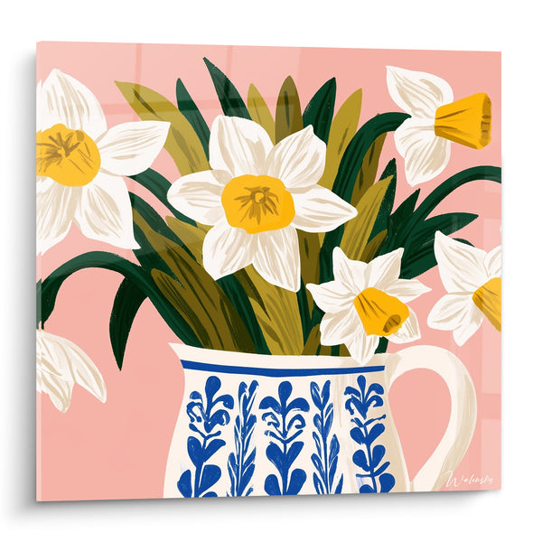 Tableau Pichet blanc et bleu à motifs floraux - Anse arrondie décorée - Edition Jonquille
