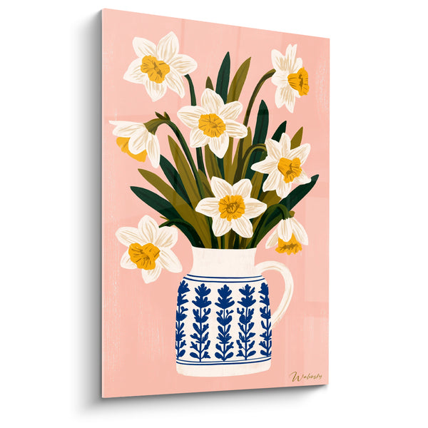 Tableau Pichet blanc et bleu marine à motifs végétaux - Fond rose poudré - Edition Jonquille