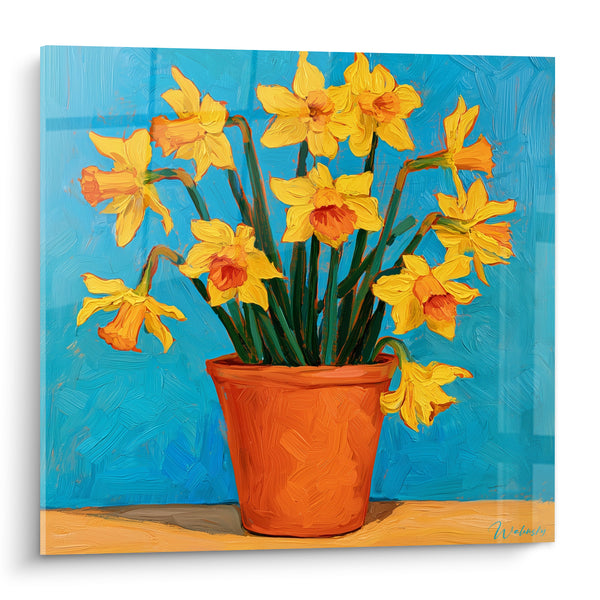 Tableau Pot en terracotta orange et jaune sur fond turquoise - Table ensoleillée ocre - Edition Jonquille