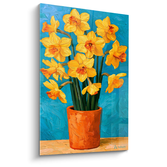 Tableau Pot terracotta et jonquilles jaunes sur fond turquoise - Empâtements de peinture épaisse - Edition Jonquille