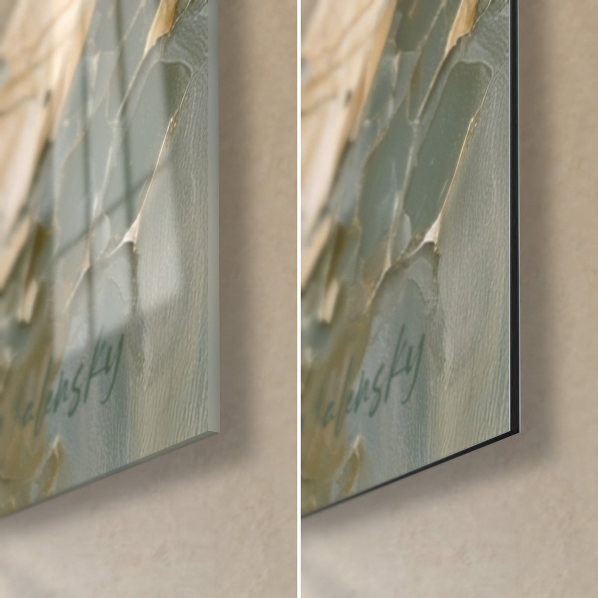 Schilderij ivoorkleurige narcissen, rechtsonder: glanzend acrylglas links, mat zwart Dibond-aluminium rechts, rand van 3 mm