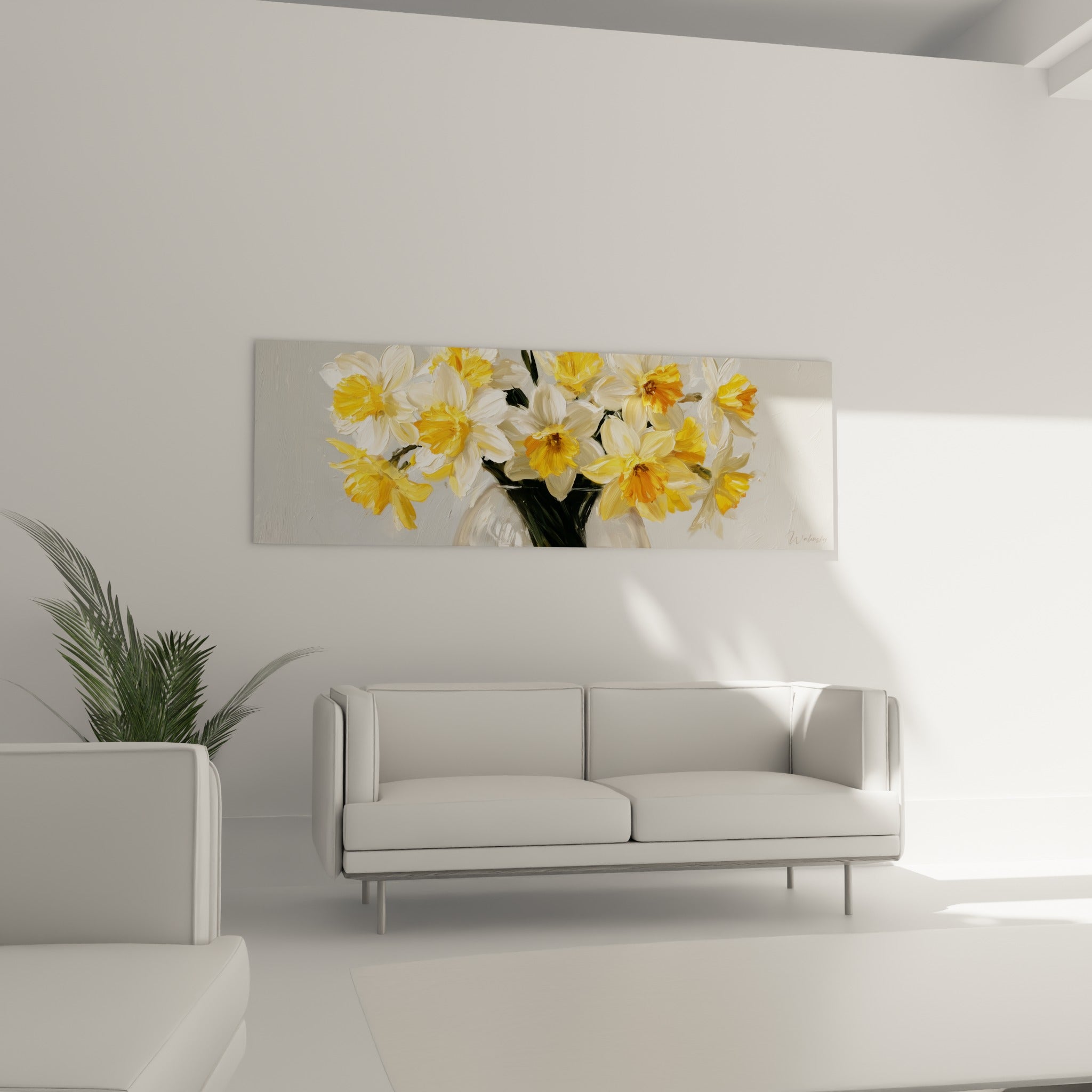 Fleurs de jonquille aux pétales blancs et cœurs safran au-dessus d'un canapé dans un salon lumineux