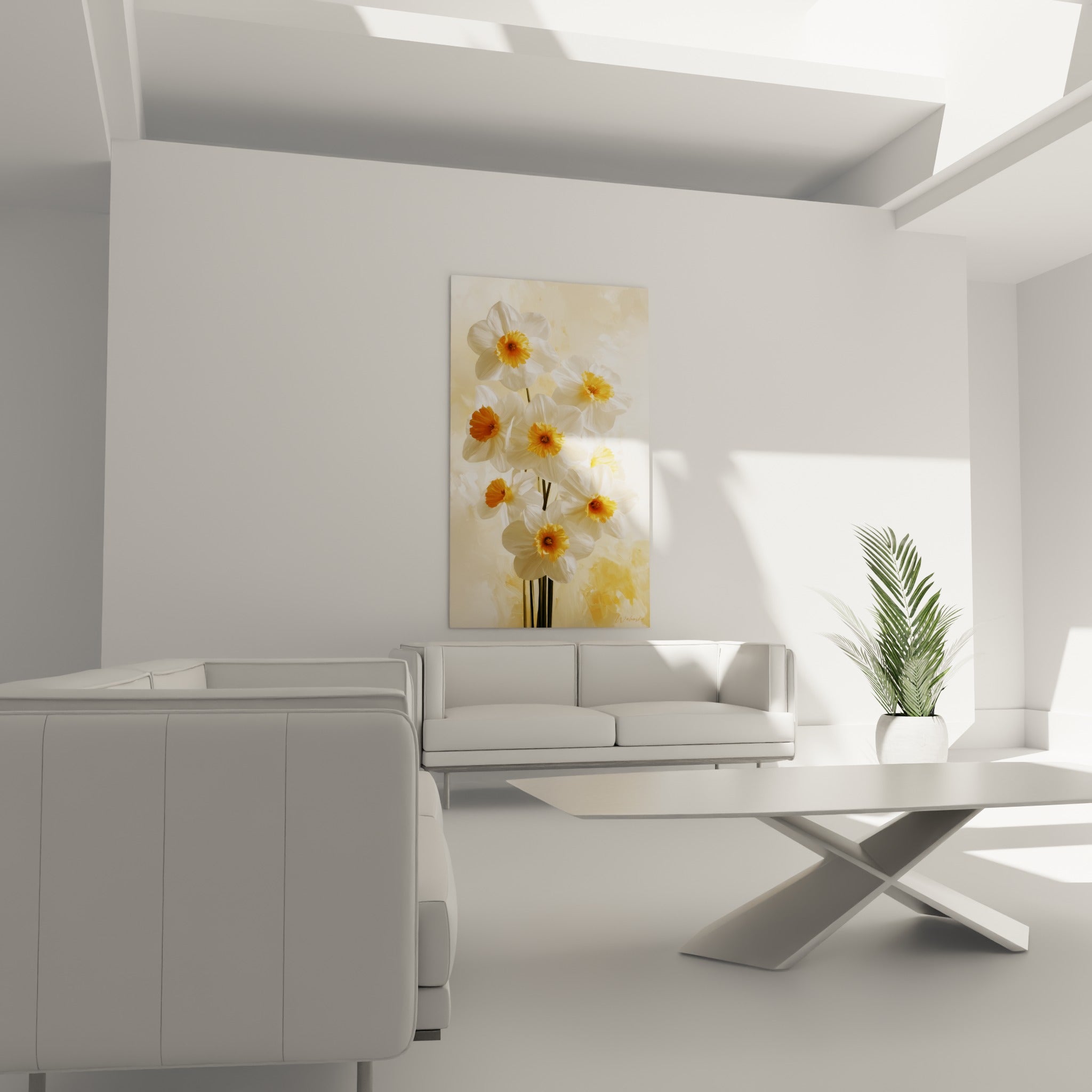 Fleurs de jonquilles blanches aux centres safran disposées au-dessus d'un canapé dans un salon lumineux